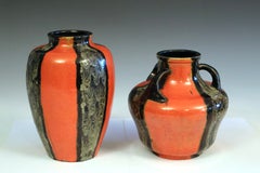 Two Black & Orange Art Deco Awaji Pottery Vases Halloween Theme