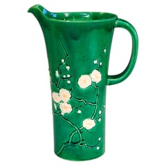 Antique Awaji Pottery Pitcher Minpei Kiln Sprigged Dogwood Plum Blossoms Signed