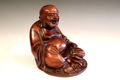 Statue vintage de Bouddha en bois de palissandre chinois, sculptée à la main, représentant un Bouddha souriant et joyeux
