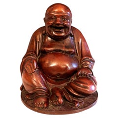 Statue vintage de Bouddha en bois de palissandre chinois, sculptée à la main, représentant un Bouddha souriant et joyeux
