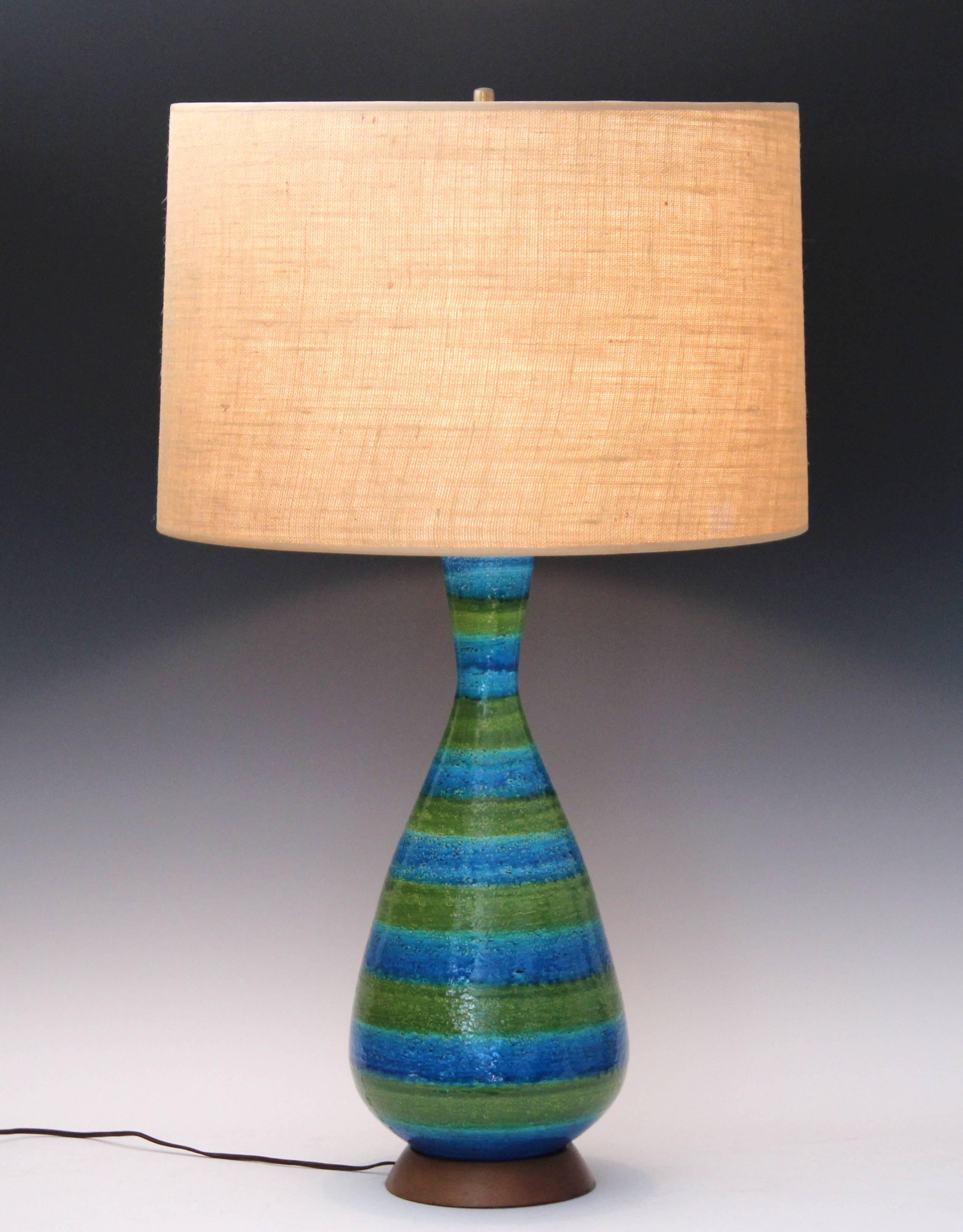 Turned Large Bitossi for Raymor, Blue and Green Striped Italian Pottery Lamp
