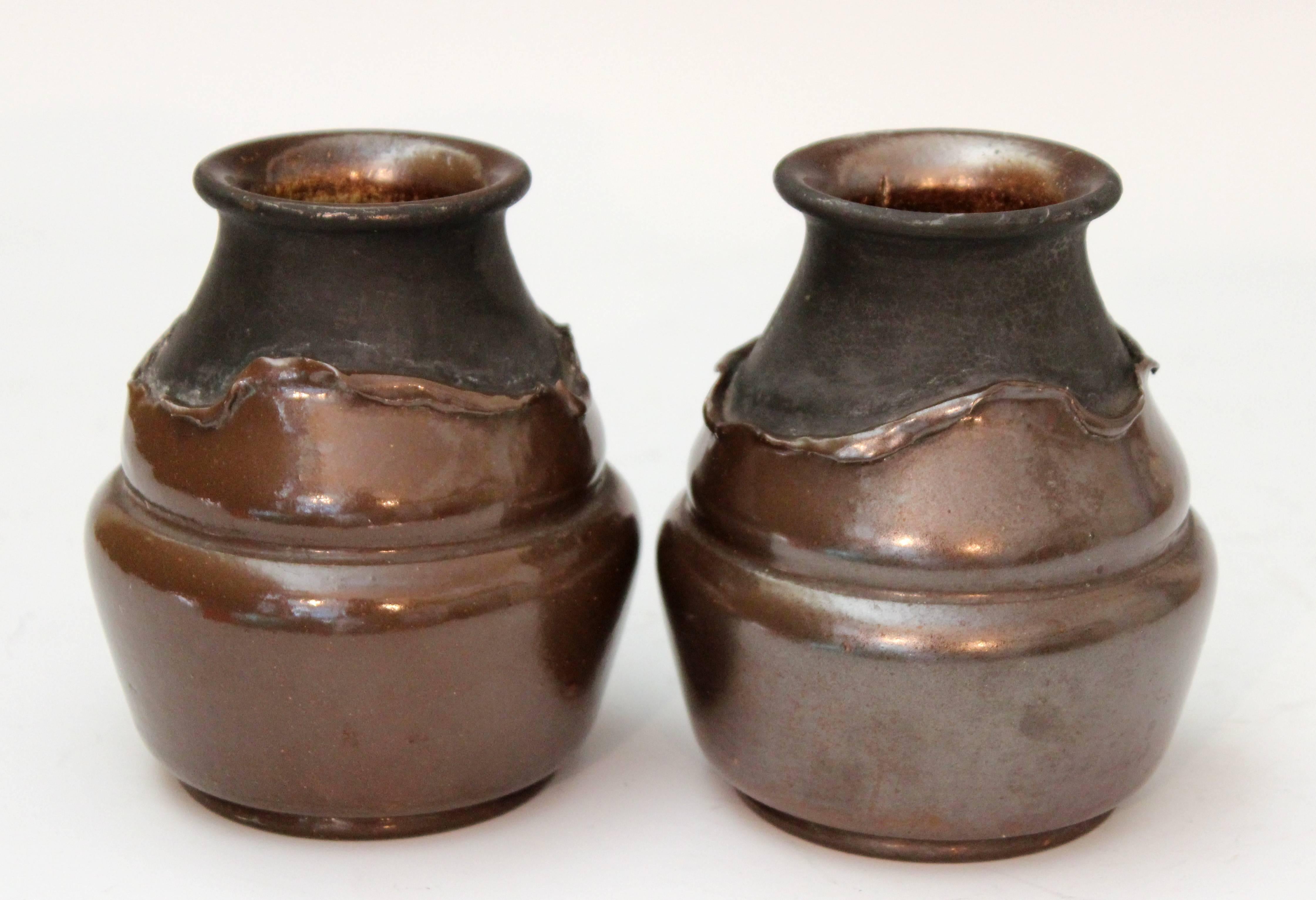 Turned Pair of Antique English Bretby Arts and Crafts Copper Clad Pottery Vases