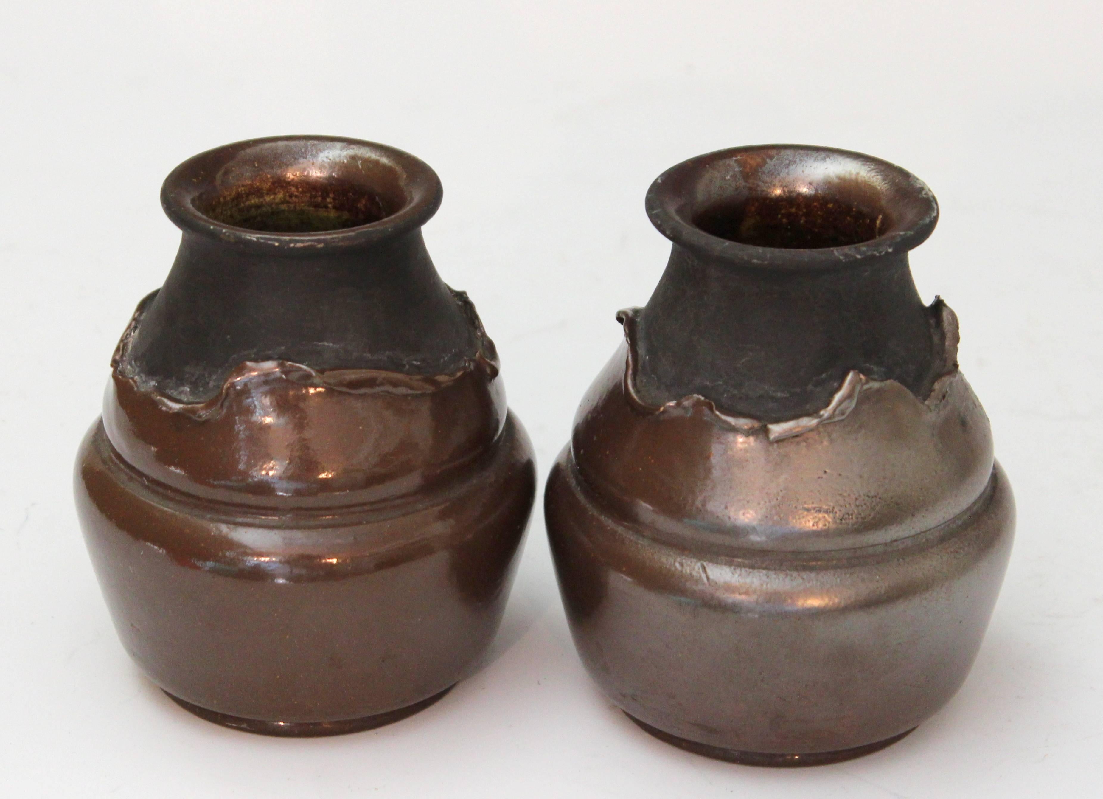 Pair of Antique English Bretby Arts and Crafts Copper Clad Pottery Vases In Excellent Condition In Wilton, CT