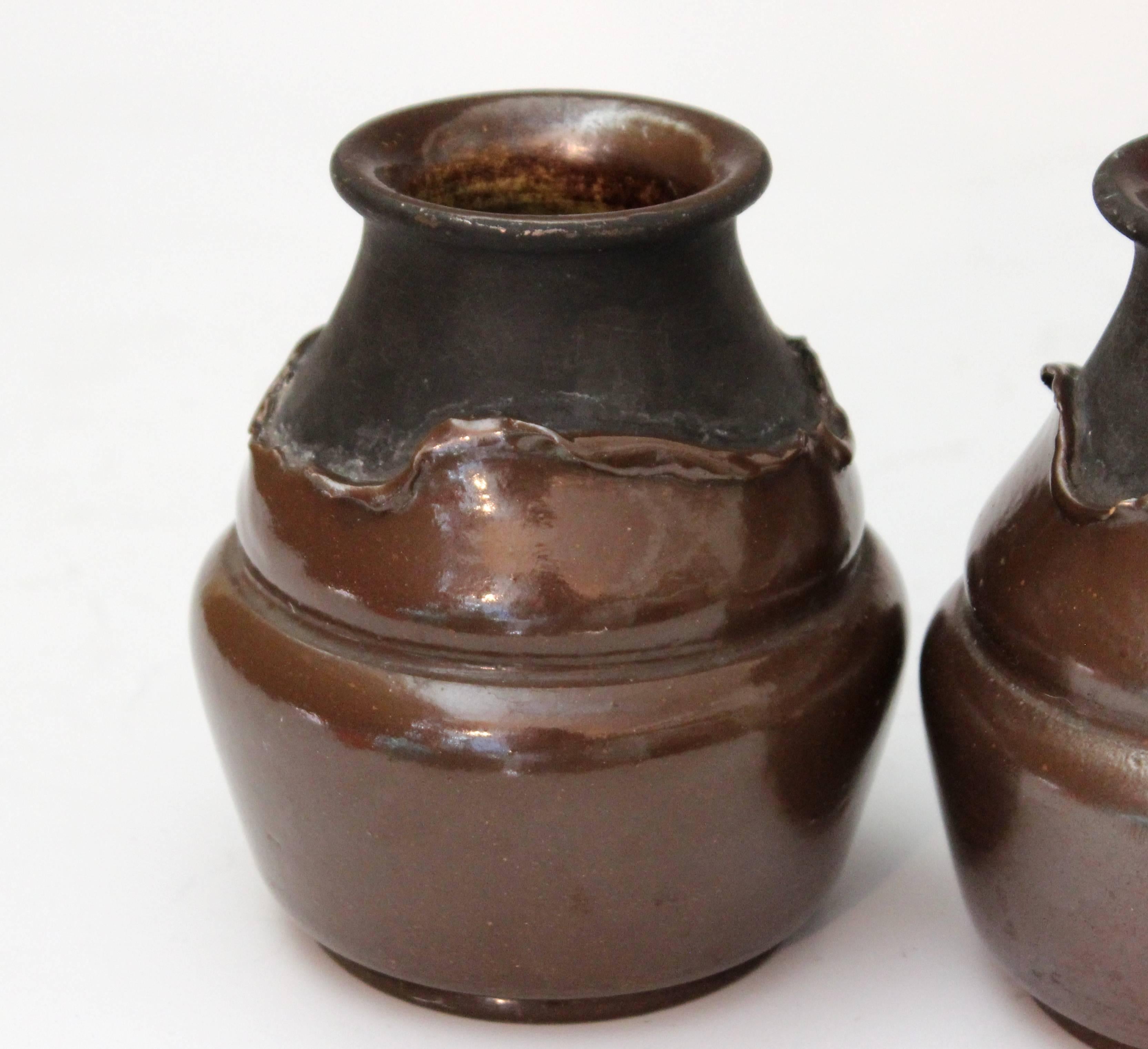 Early 20th Century Pair of Antique English Bretby Arts and Crafts Copper Clad Pottery Vases