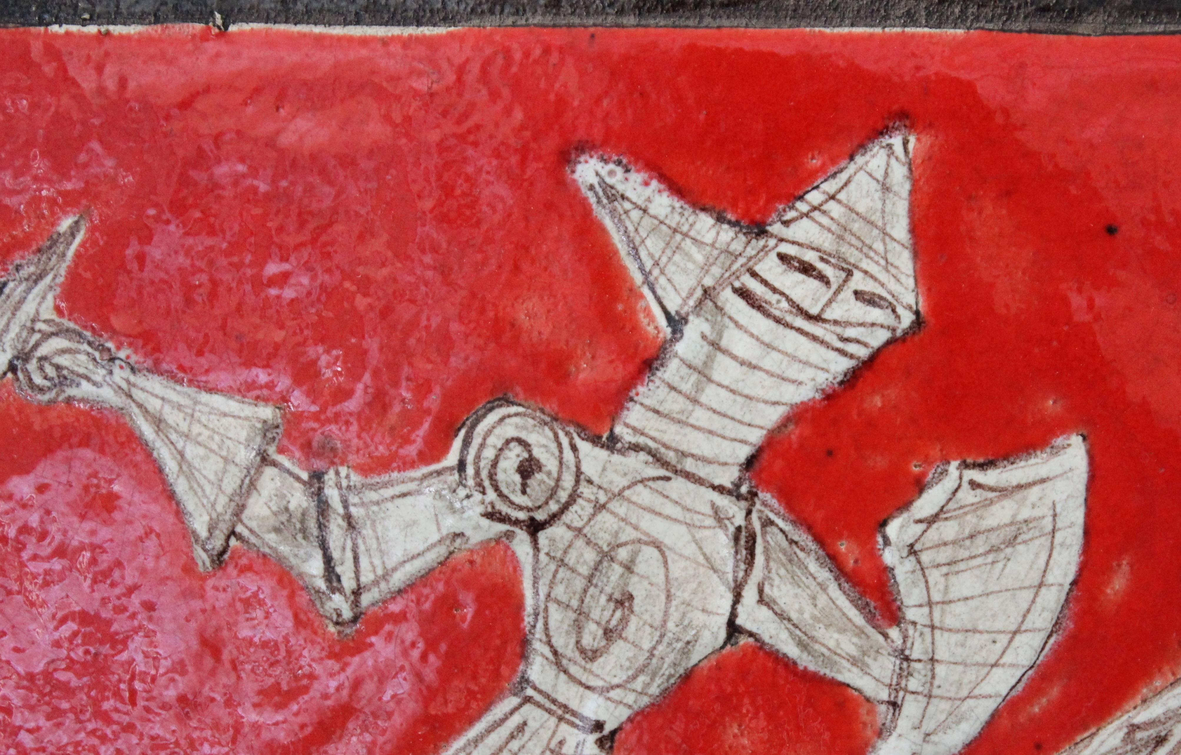 Glazed Pair Petucco Italian Mid-Century Horseman Knight Wall Tile Plaques Marini For Sale