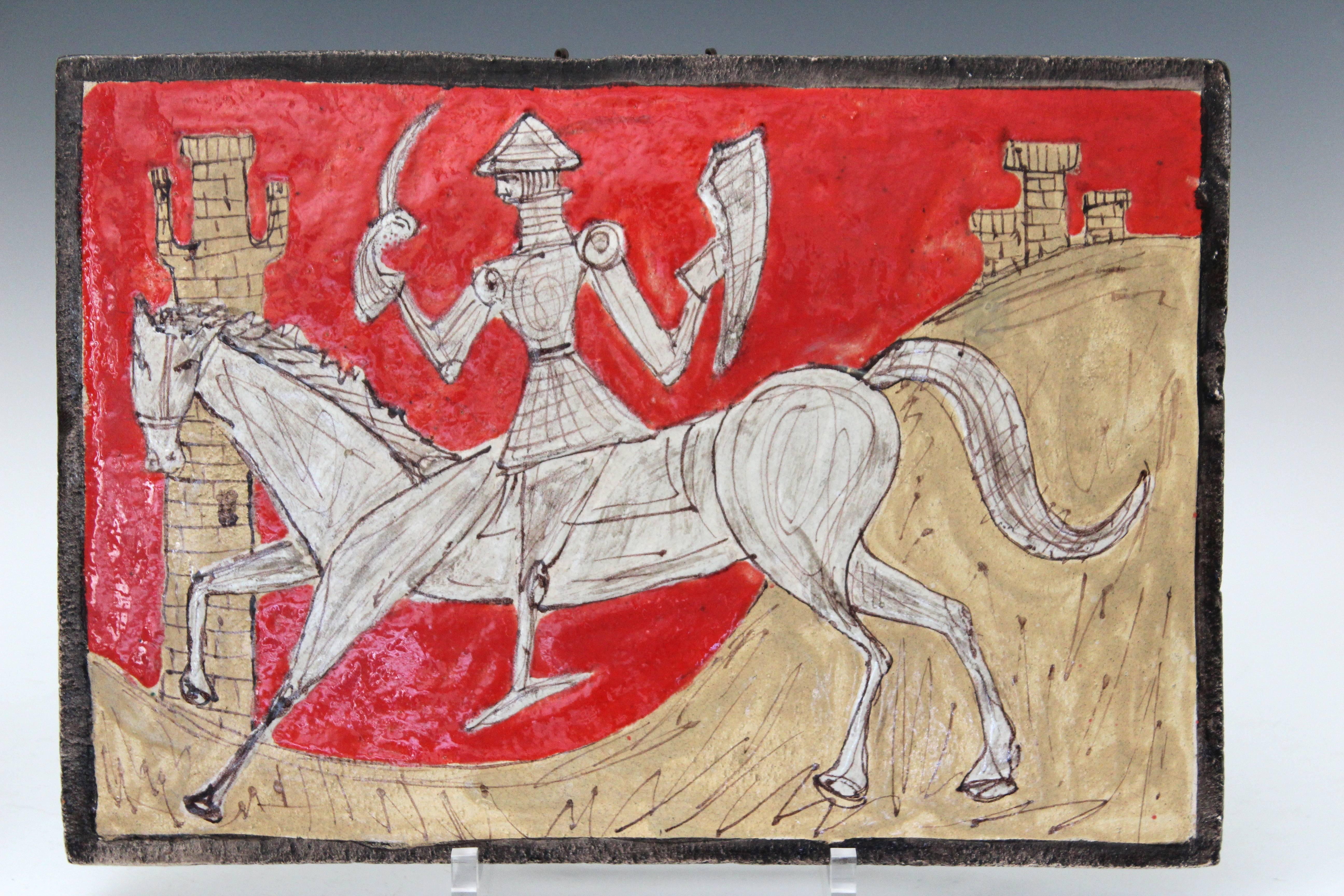 Pair Petucco Italian Mid-Century Horseman Knight Wall Tile Plaques Marini In Excellent Condition For Sale In Wilton, CT