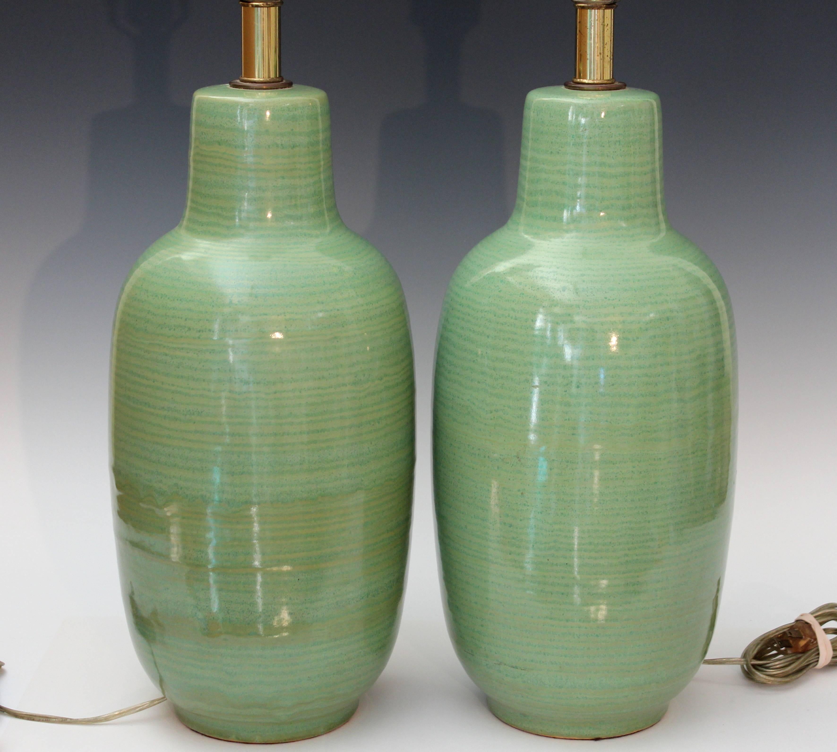 American Pair of Vintage Celadon Green Flambe Studio Pottery Lamps