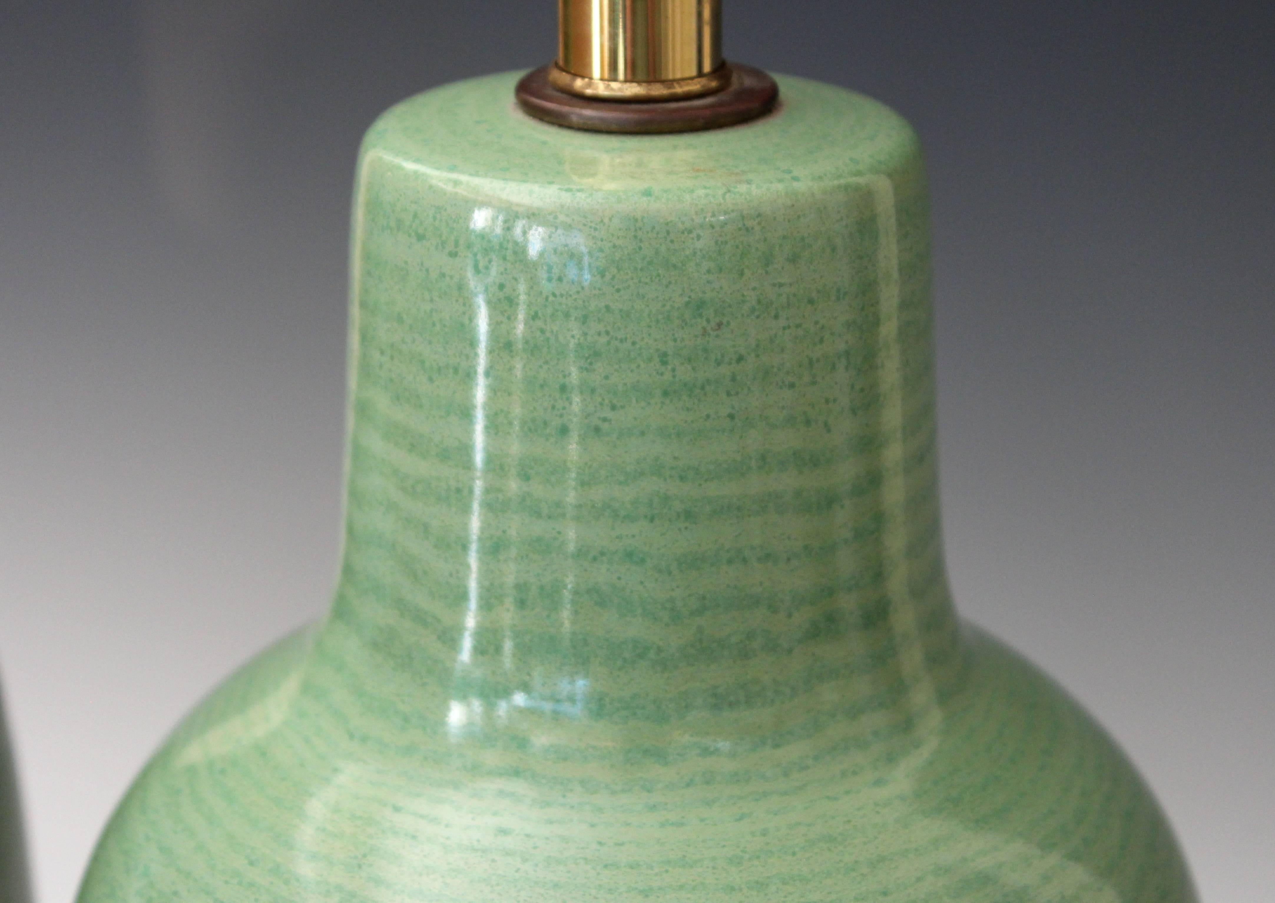 Pair of Vintage Celadon Green Flambe Studio Pottery Lamps In Excellent Condition In Wilton, CT
