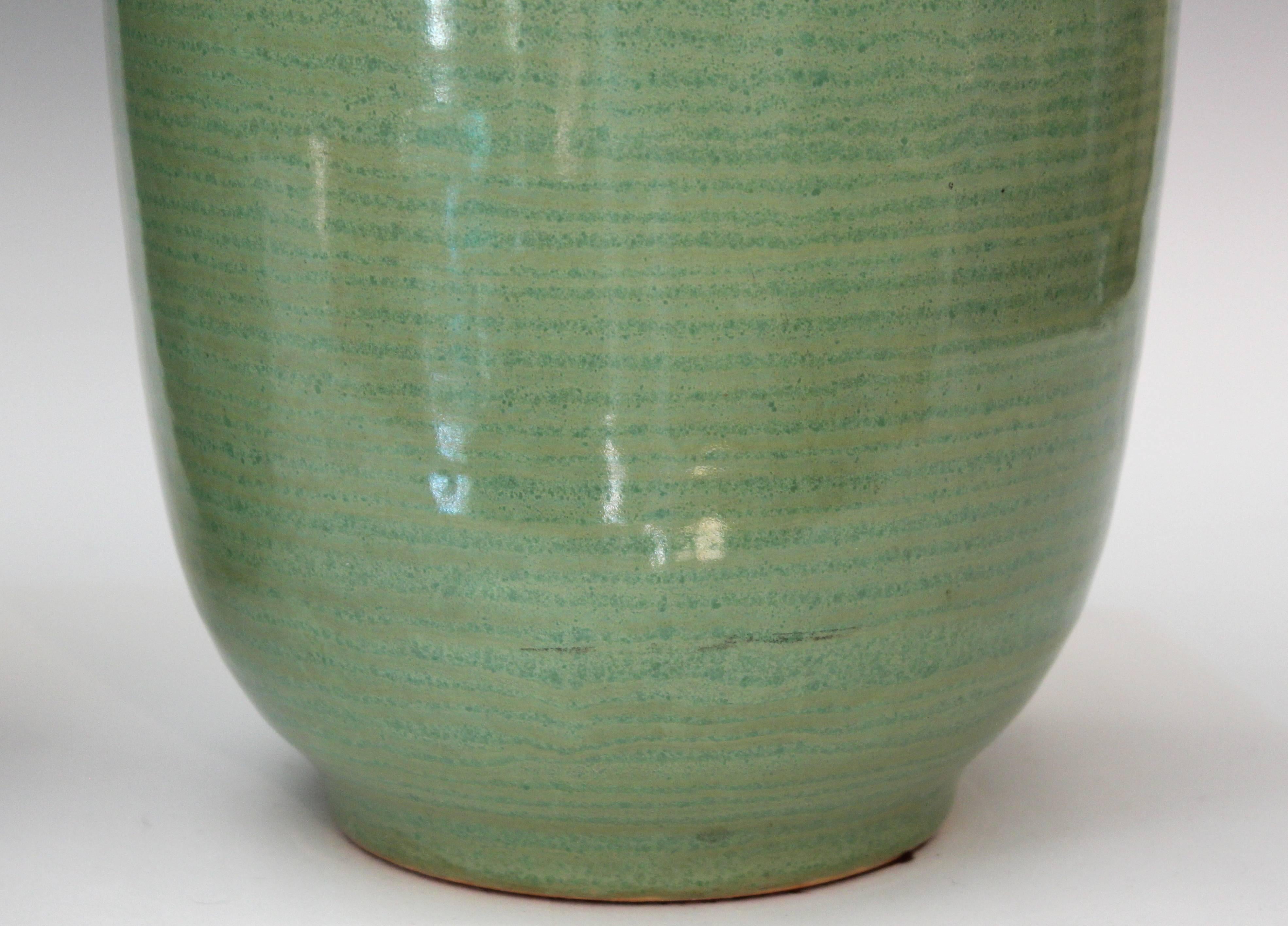 Mid-20th Century Pair of Vintage Celadon Green Flambe Studio Pottery Lamps
