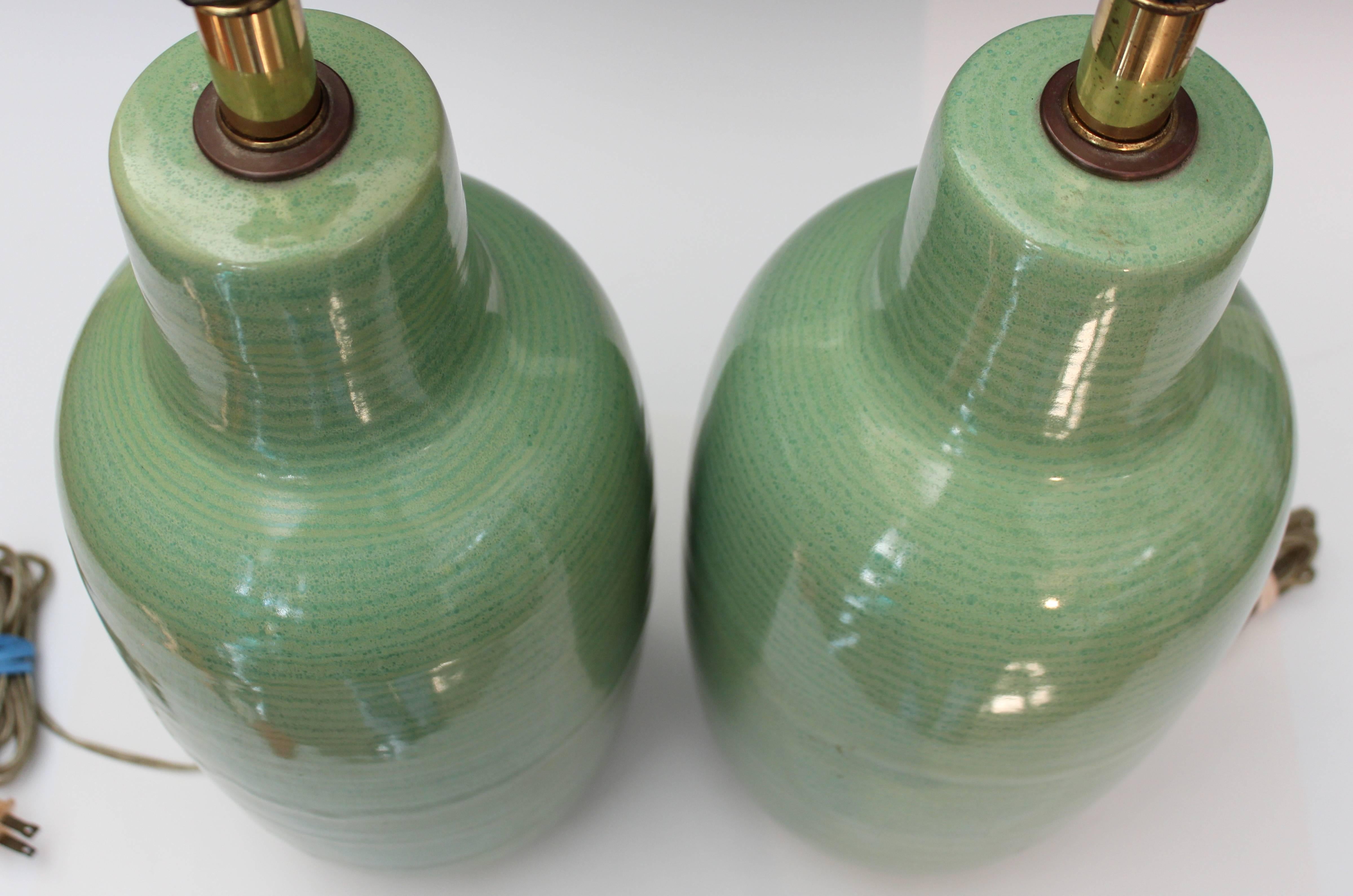 Pair of Vintage Celadon Green Flambe Studio Pottery Lamps 1
