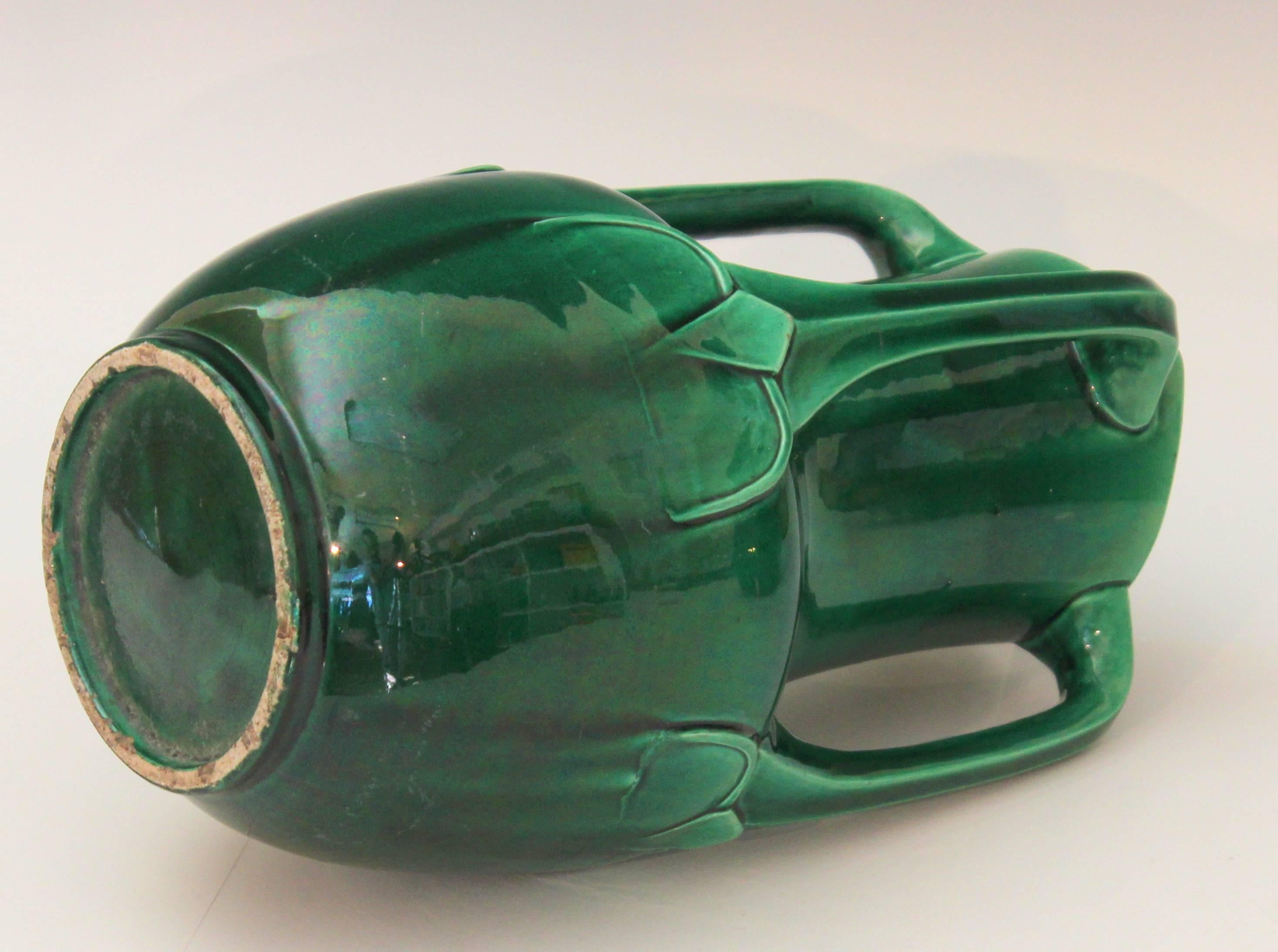 Japanese Awaji Pottery Art Nouveau Four Handle Buttress Vase For Sale