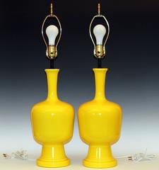 Pair of Vintage Organic Form Atomic Chrome Yellow Pottery Lamps