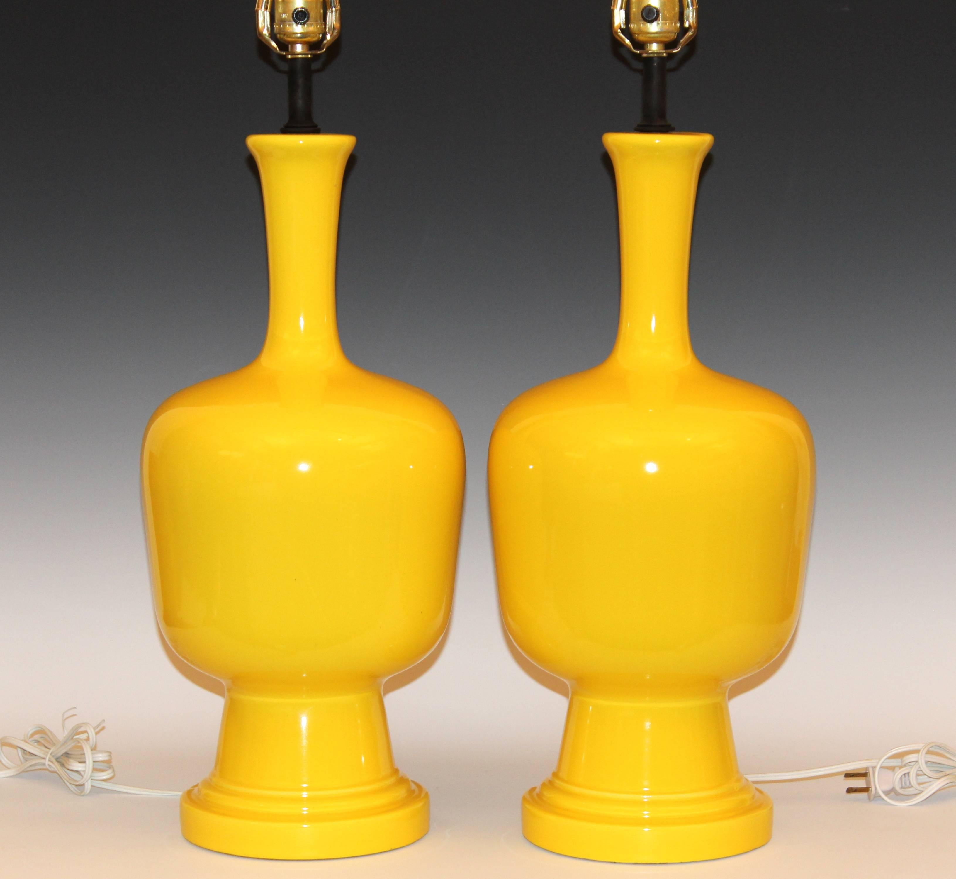 Modern Pair of Vintage Organic Form Atomic Chrome Yellow Pottery Lamps