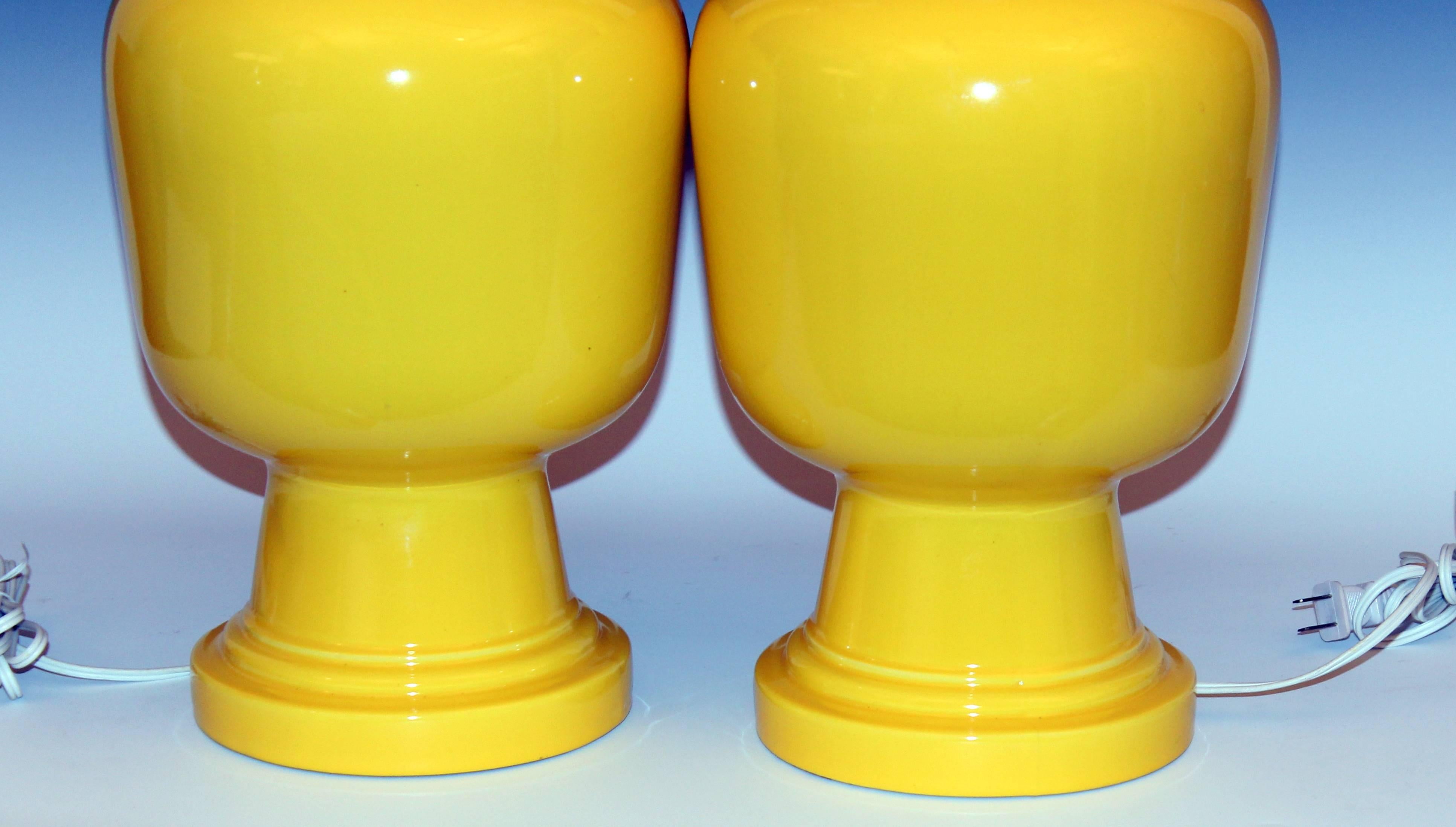 Late 20th Century Pair of Vintage Organic Form Atomic Chrome Yellow Pottery Lamps