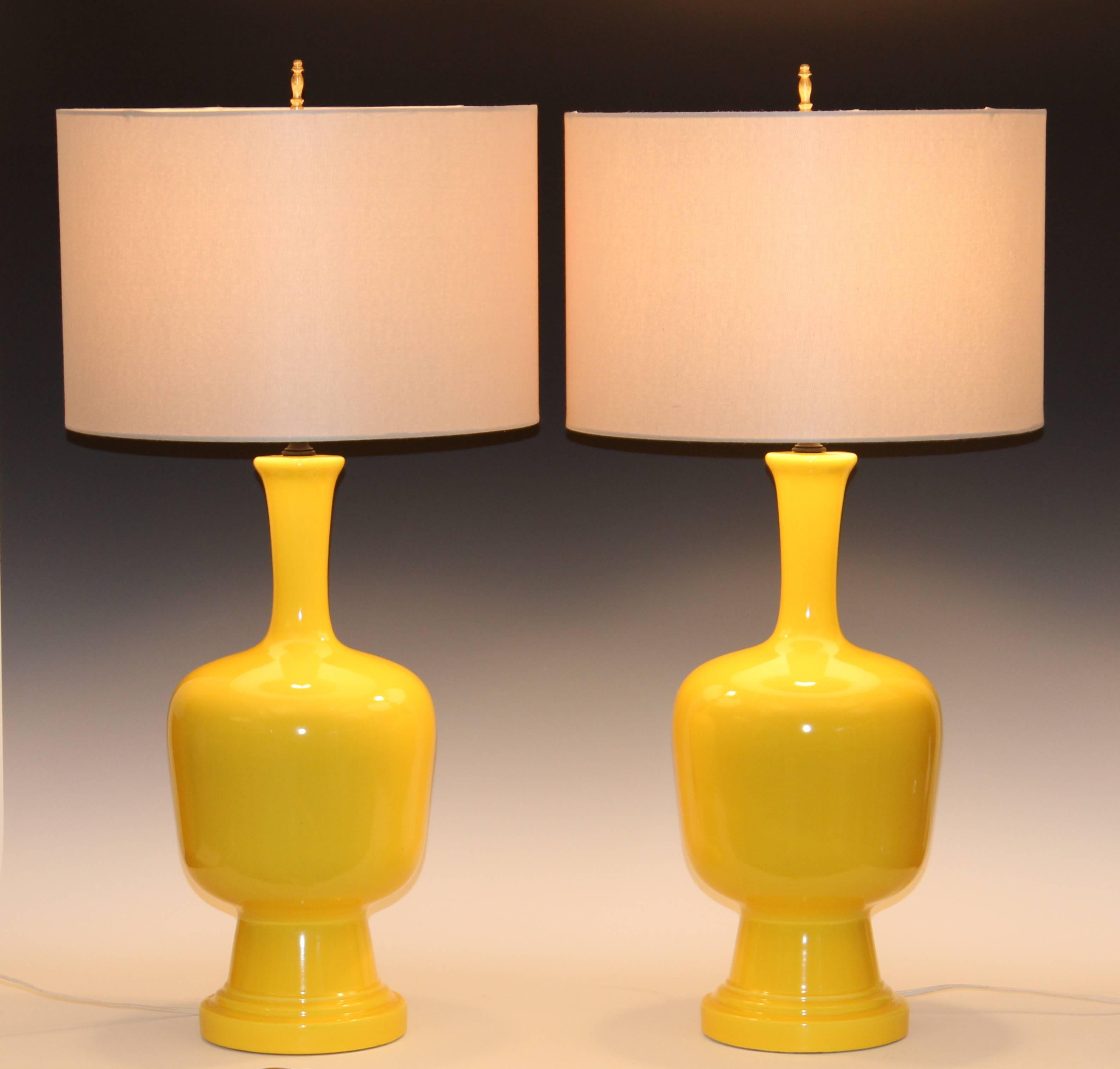 Pair of Vintage Organic Form Atomic Chrome Yellow Pottery Lamps 1