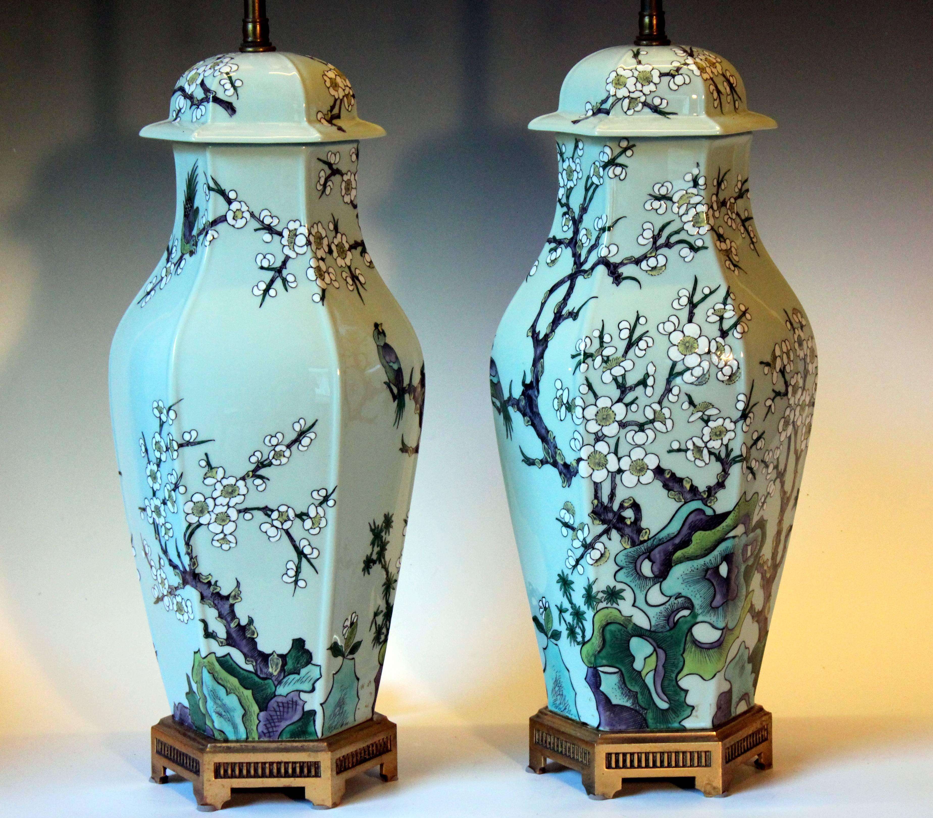 Enameled Paul Hanson Mid-Century Chinese Porcelain Style Celadon Chinoiserie Lamps, Pair