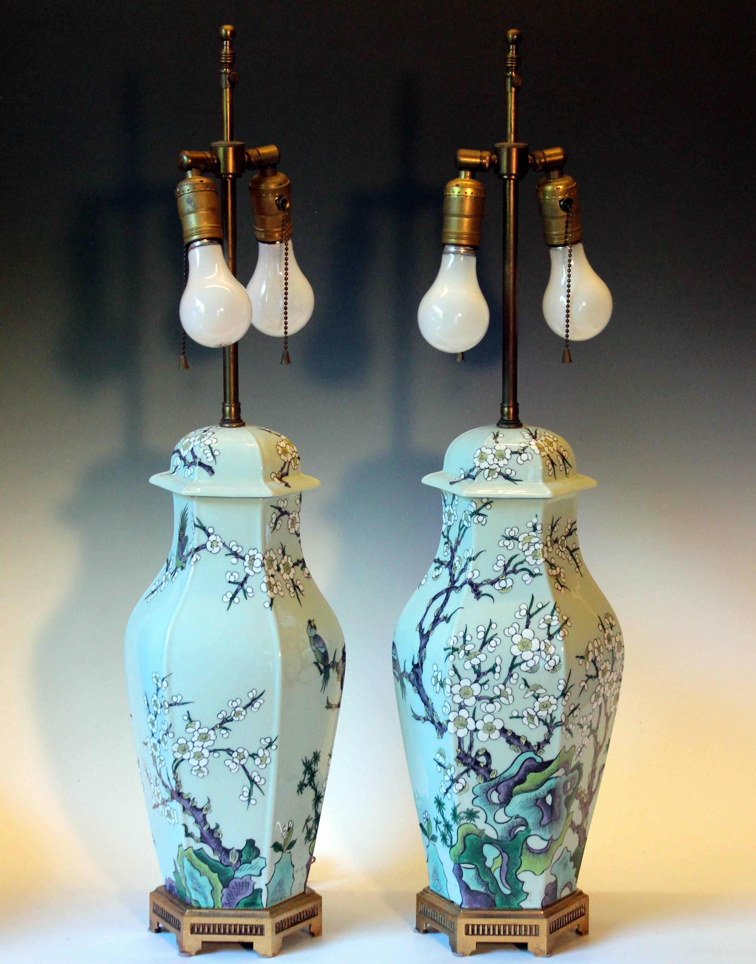 American Paul Hanson Mid-Century Chinese Porcelain Style Celadon Chinoiserie Lamps, Pair