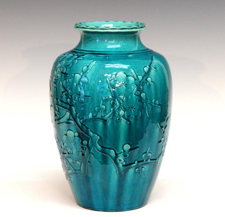 Awaji Pottery Turquoise Vase with Applied Prunus Blossom Decor at 1stdibs