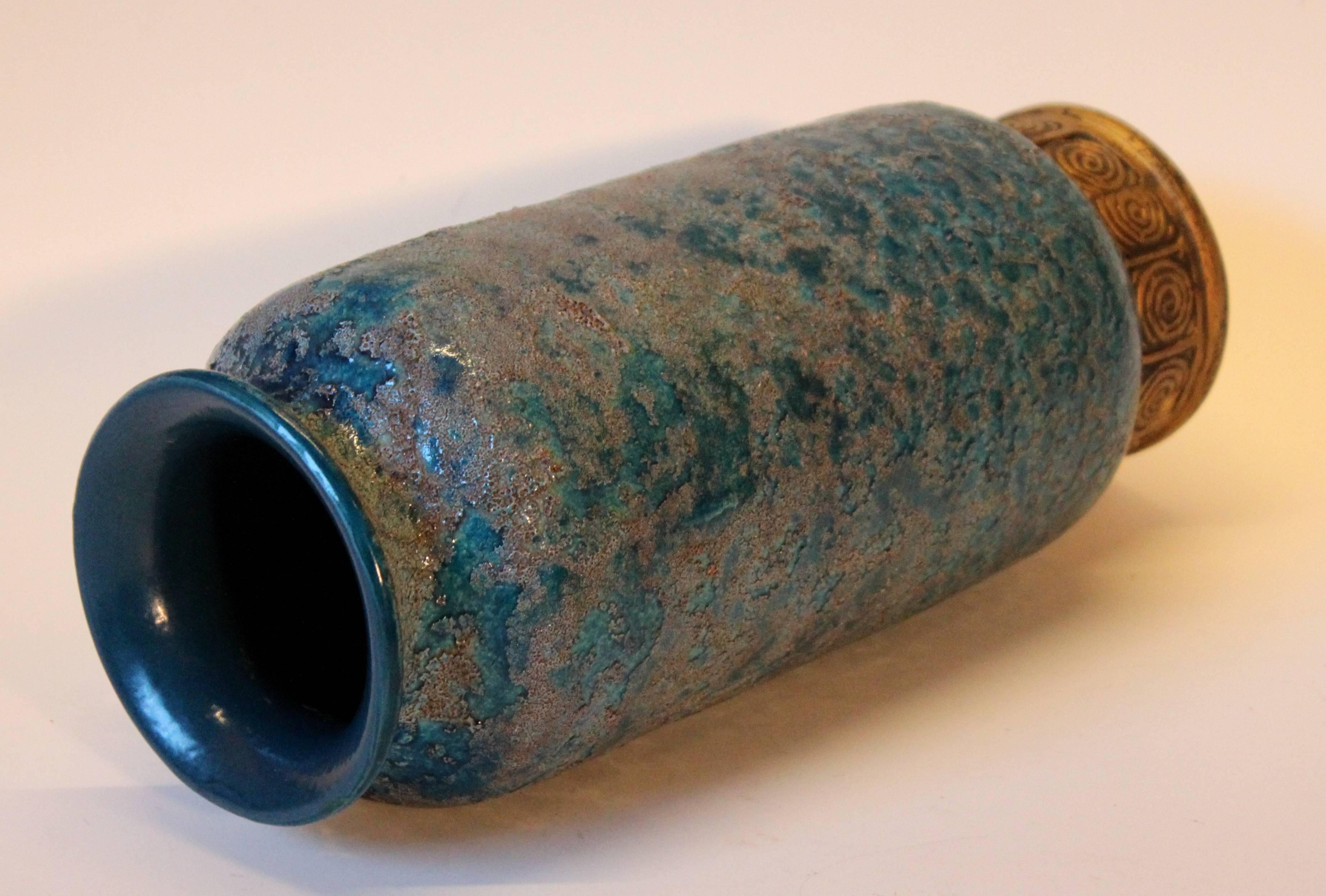 Large, hand thrown, vintage Bitossi rouleau cylinder vase with great Chinese blue decor lava glaze, circa 1960. 12 1/4