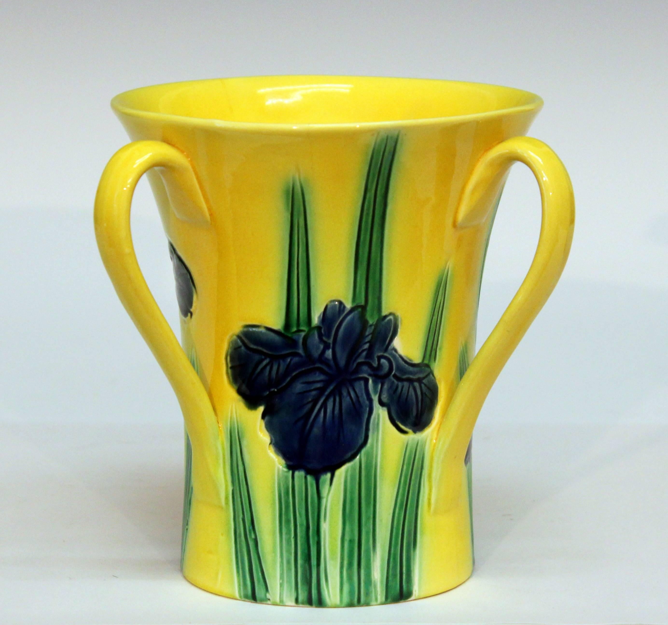 Antique Awaji Pottery vase with three handles, finely potted and confidently decorated with incised irises against a striking bright yellow ground, circa 1900. 6
