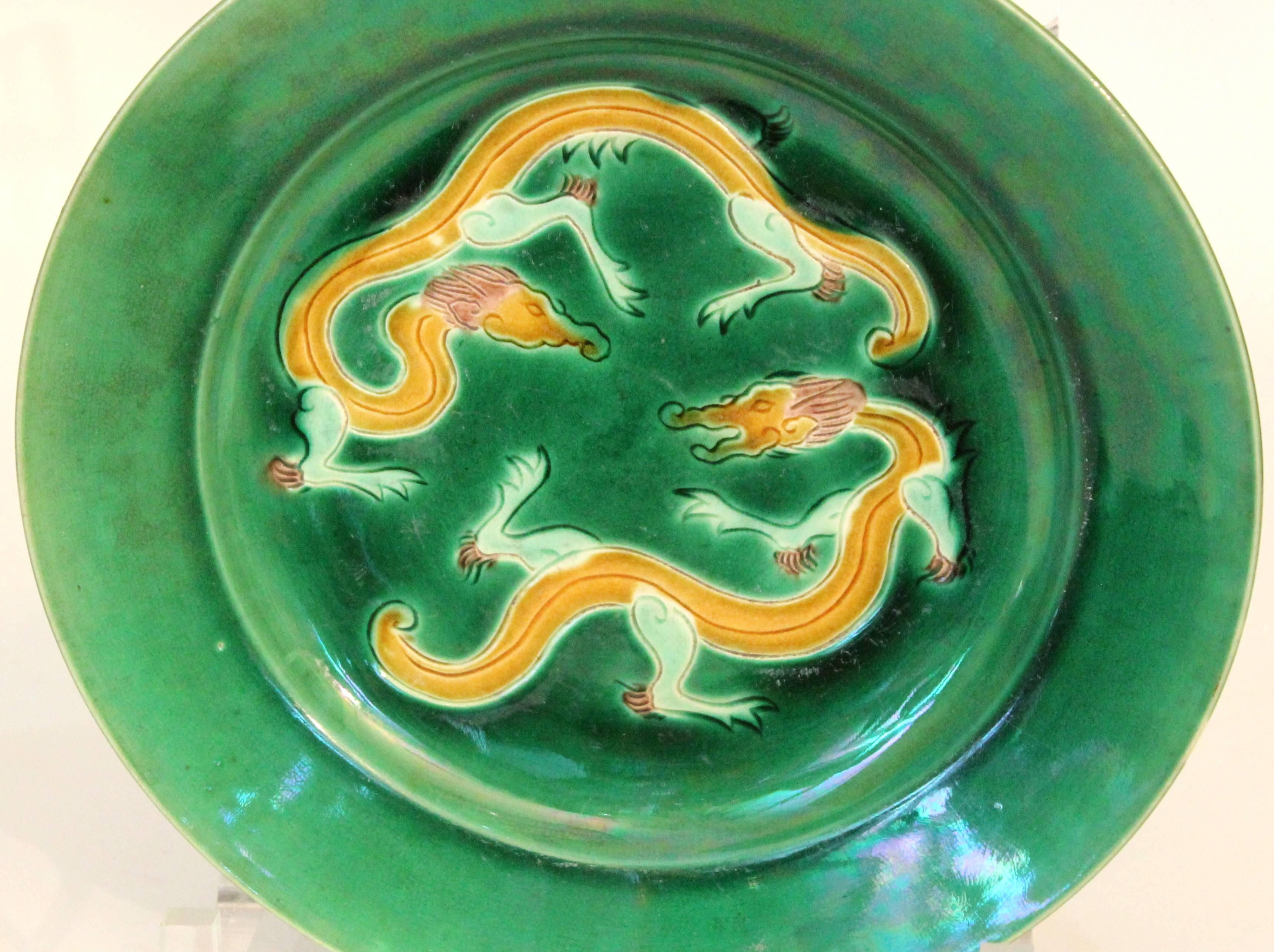 Meiji Antique Awaji Pottery Incised Sancai Dragon Plate For Sale