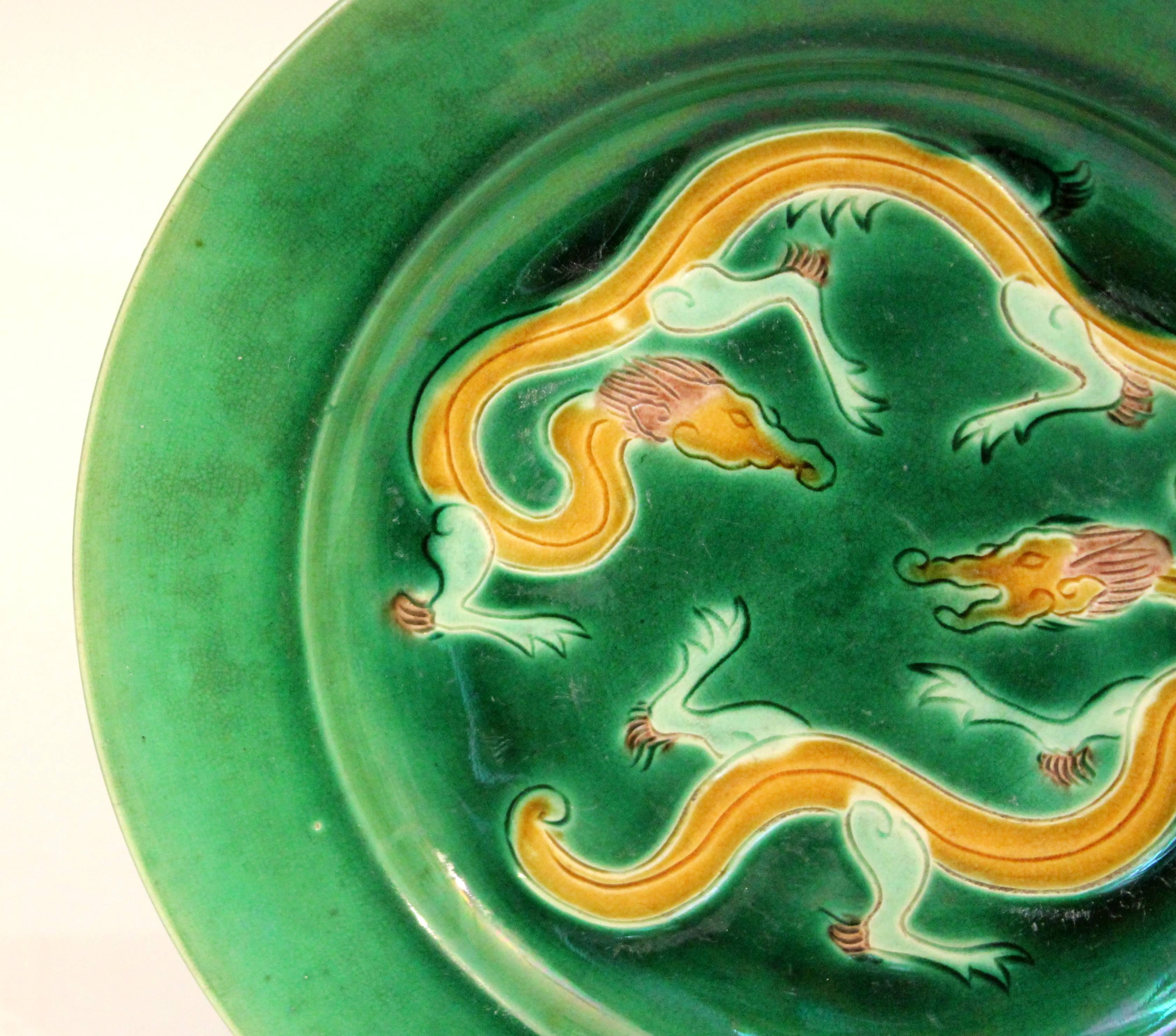 Japanese Antique Awaji Pottery Incised Sancai Dragon Plate For Sale