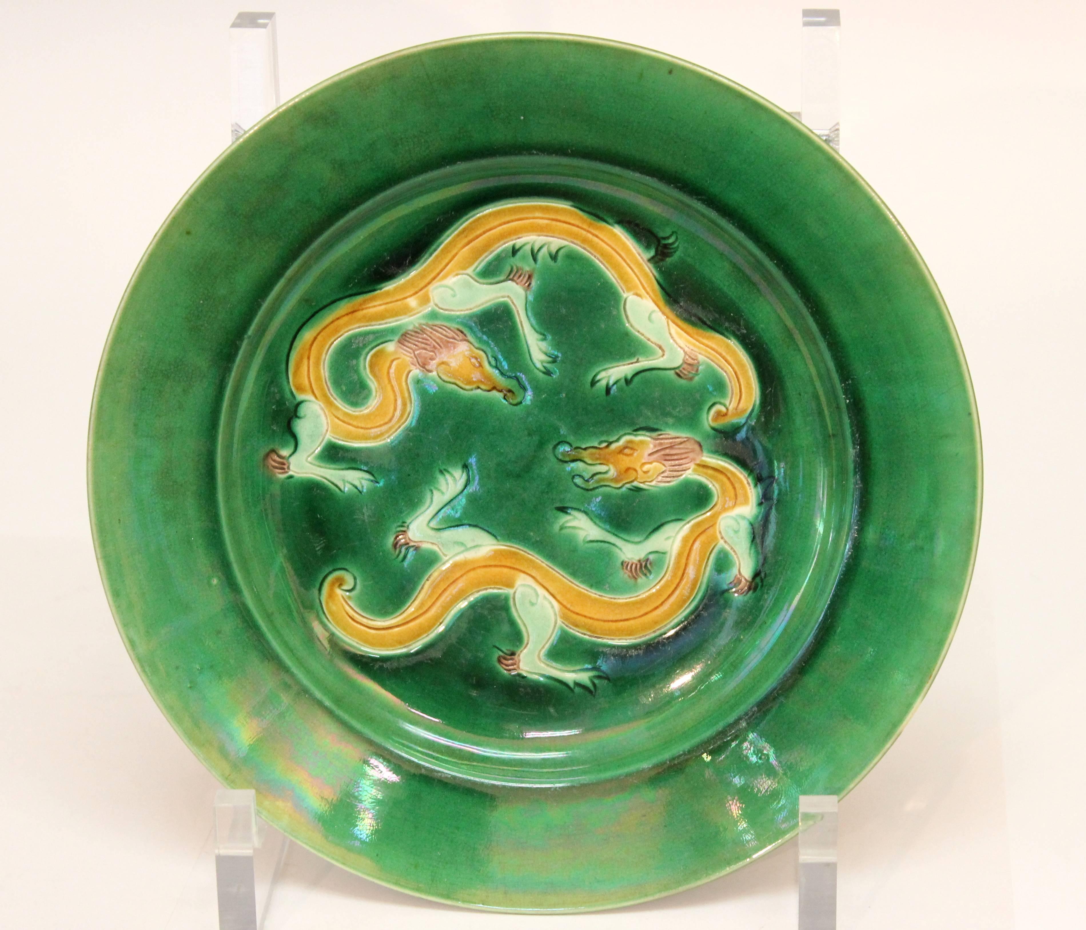 Antique Awaji Pottery Incised Sancai Dragon Plate For Sale 1