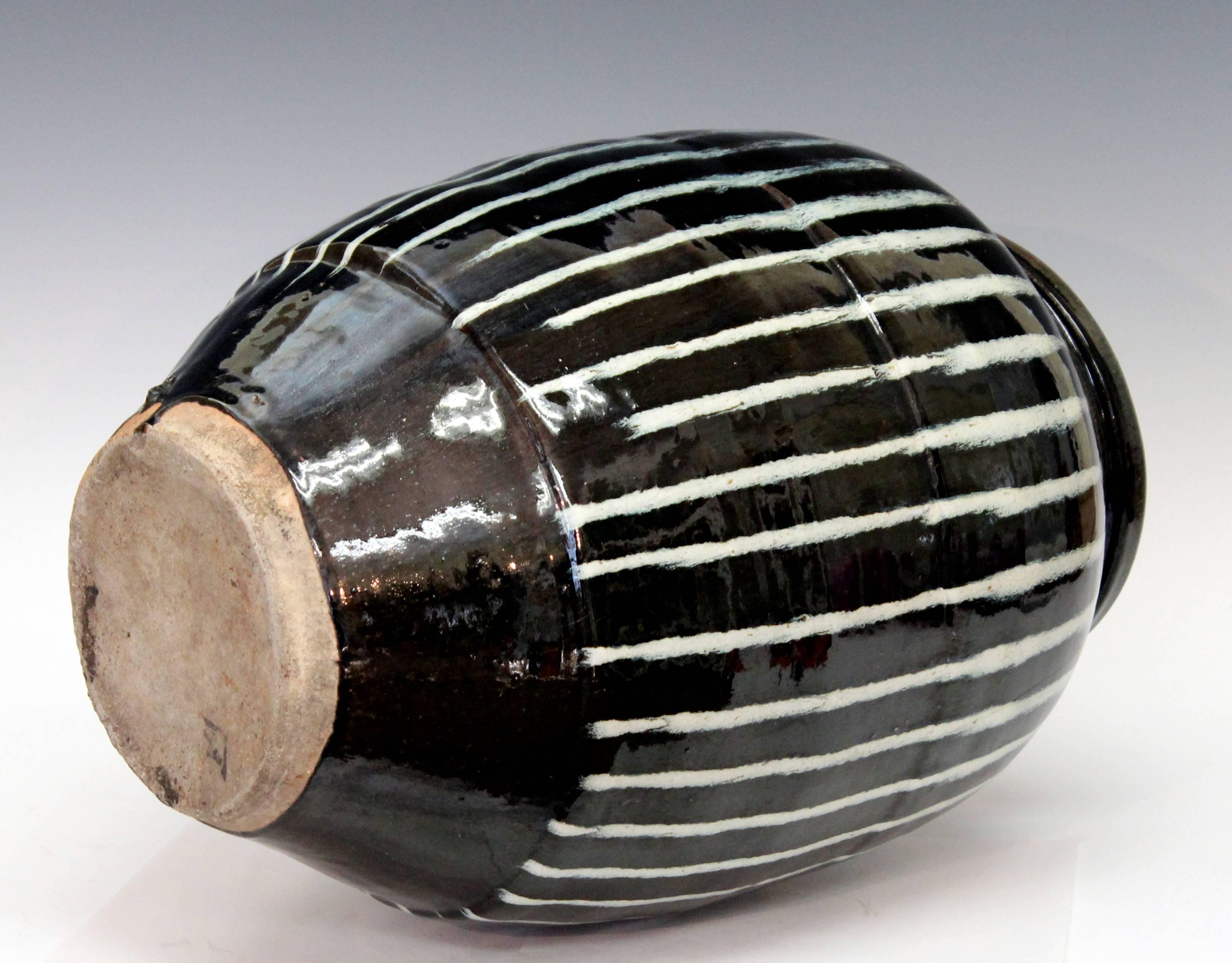 Meiji Shigaraki Japanese Storage Jar Vase with Bold White on Black Design