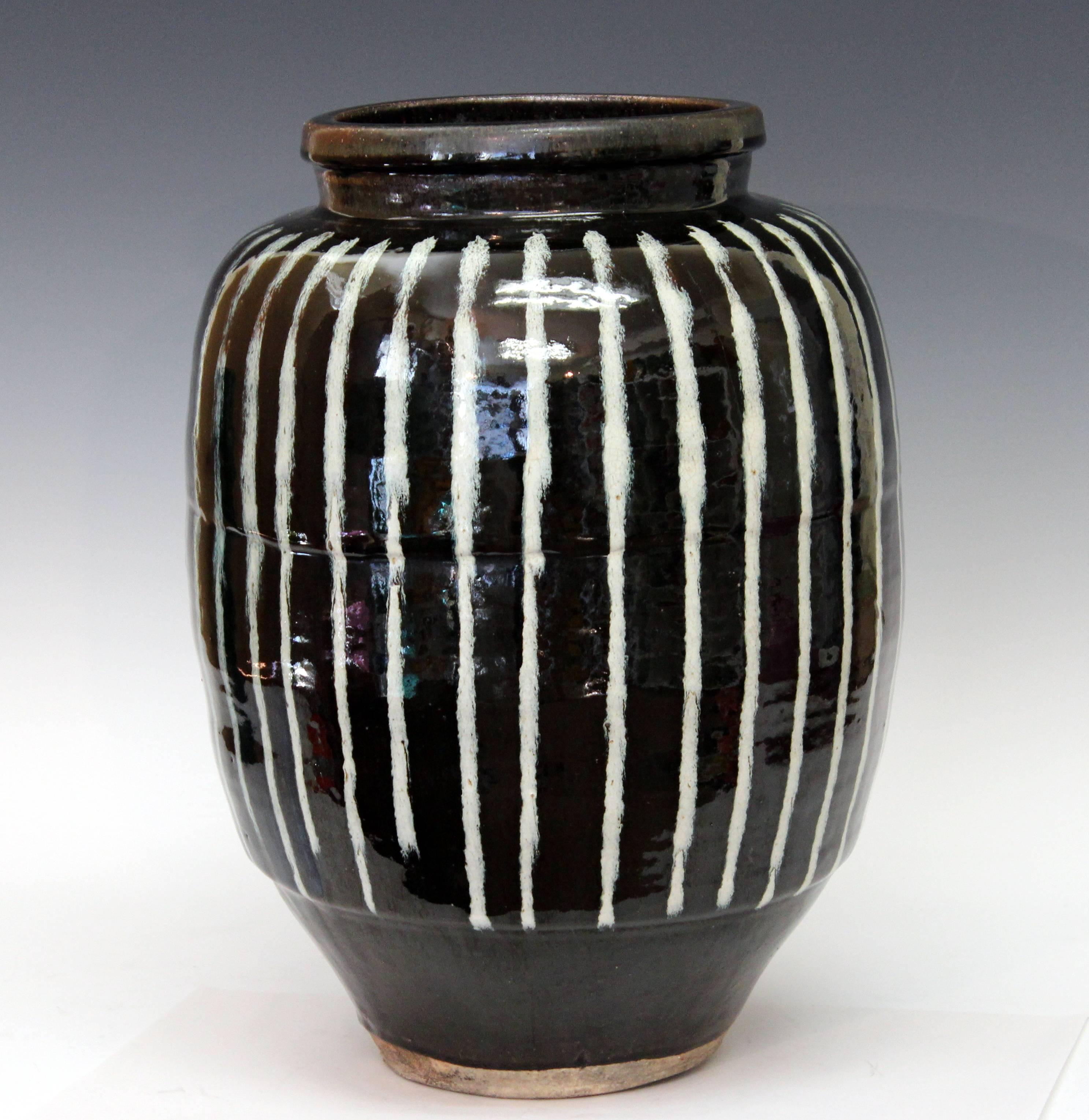 Shigaraki Japanese Storage Jar Vase with Bold White on Black Design 1