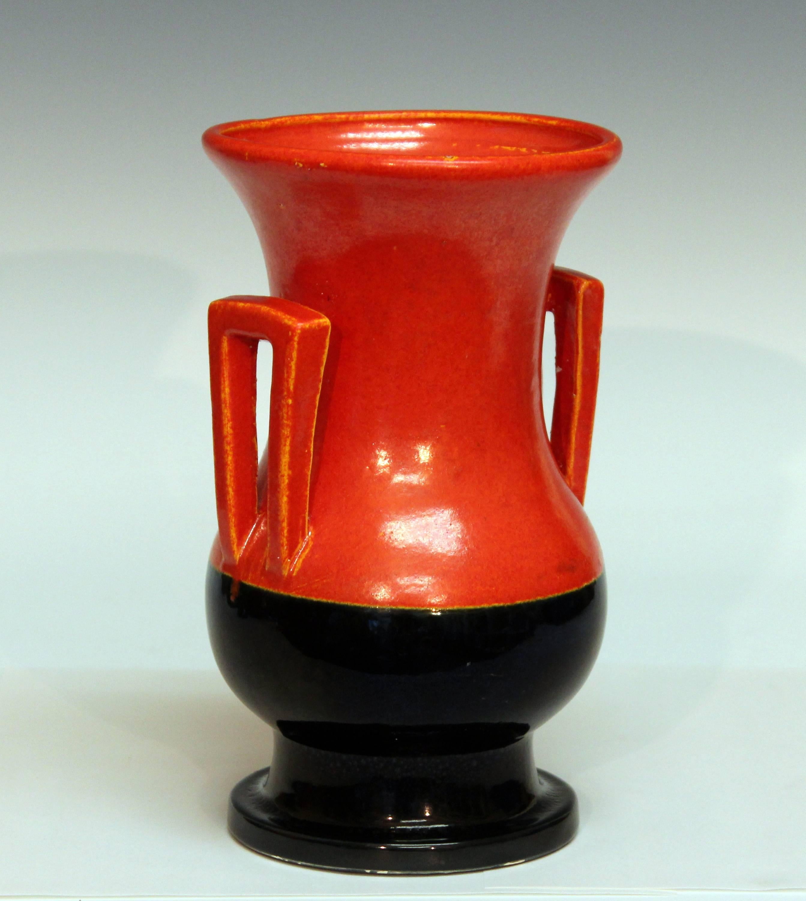 Japanese Awaji Pottery Chrome Orange and Black Art Deco Buttress Handled Vase