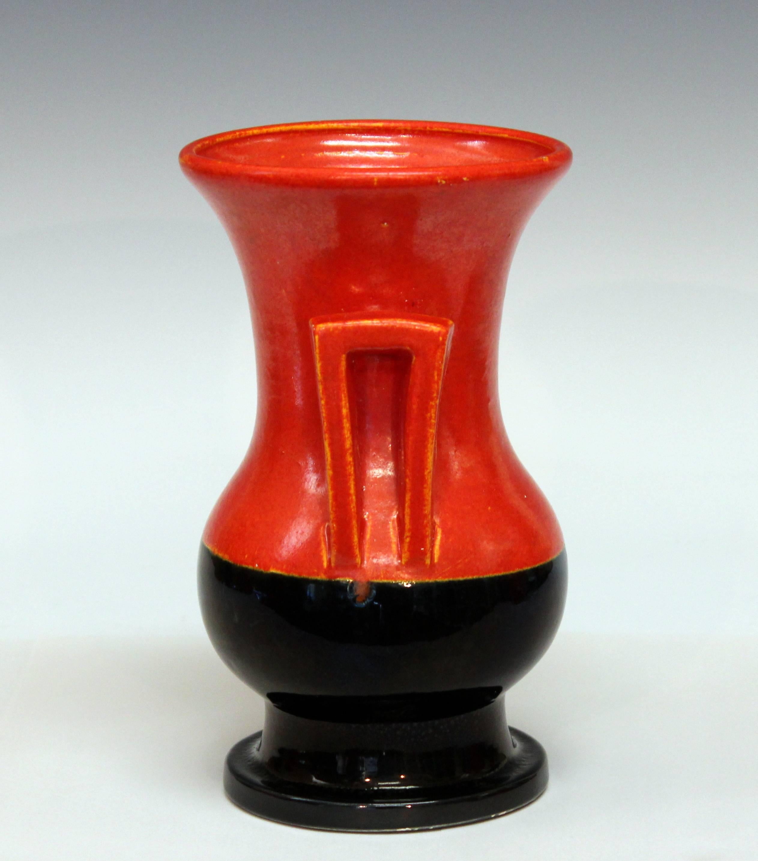 Turned Awaji Pottery Chrome Orange and Black Art Deco Buttress Handled Vase