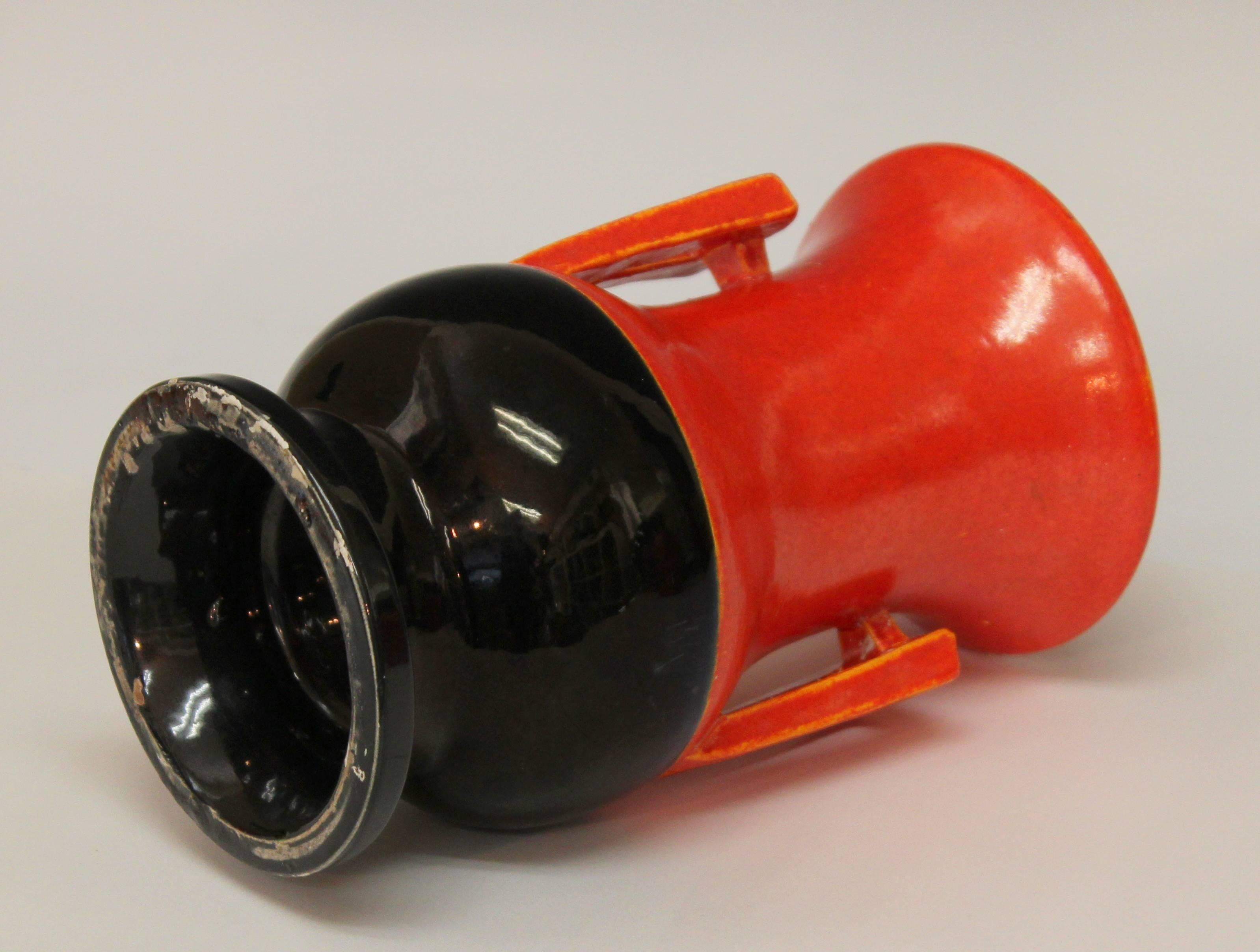 Mid-20th Century Awaji Pottery Chrome Orange and Black Art Deco Buttress Handled Vase