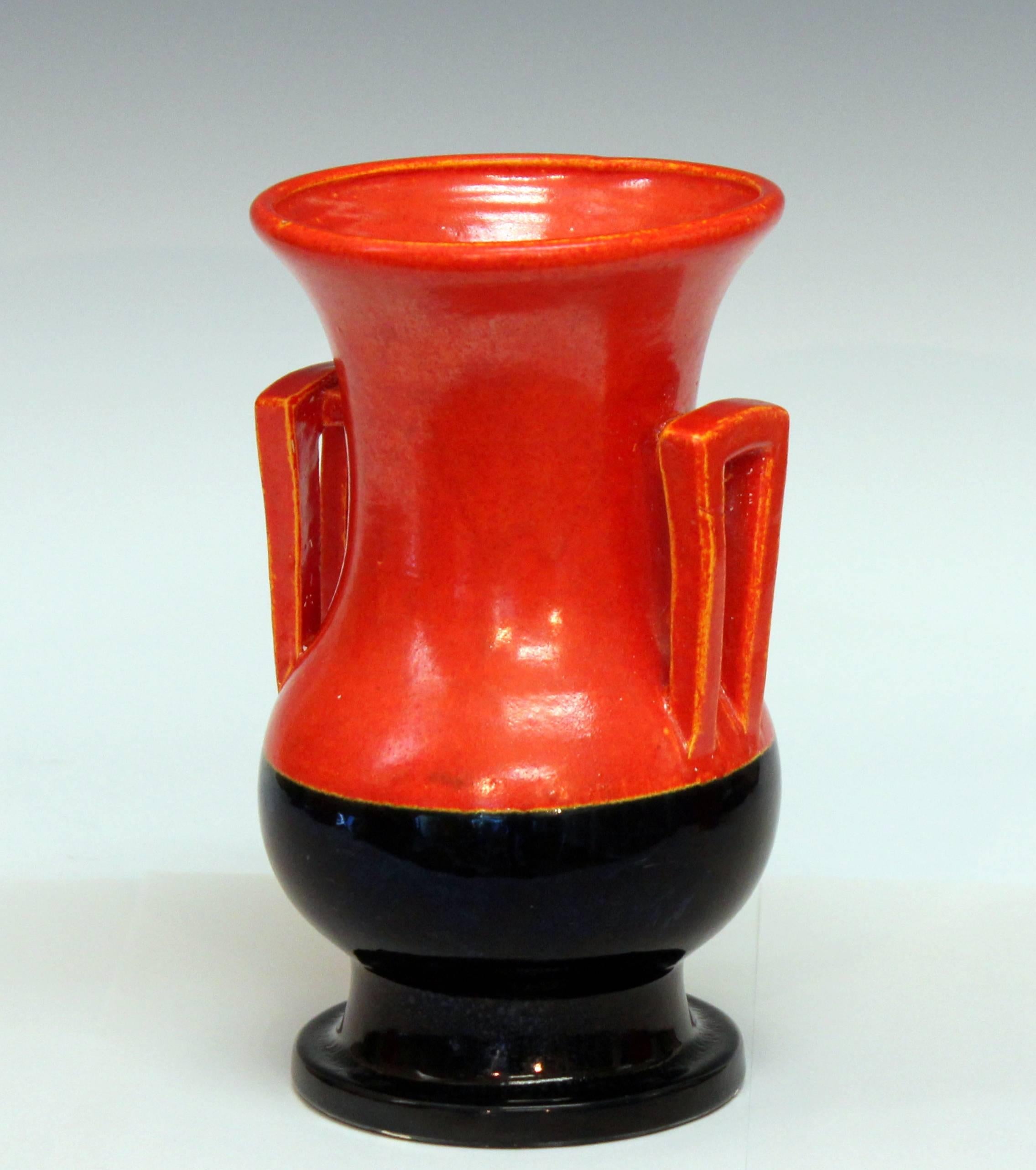Awaji Pottery Chrome Orange and Black Art Deco Buttress Handled Vase 2
