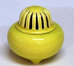 Japanese Kyoto Pottery Censor Incense Burner Atomic Yellow Crackle Glaze