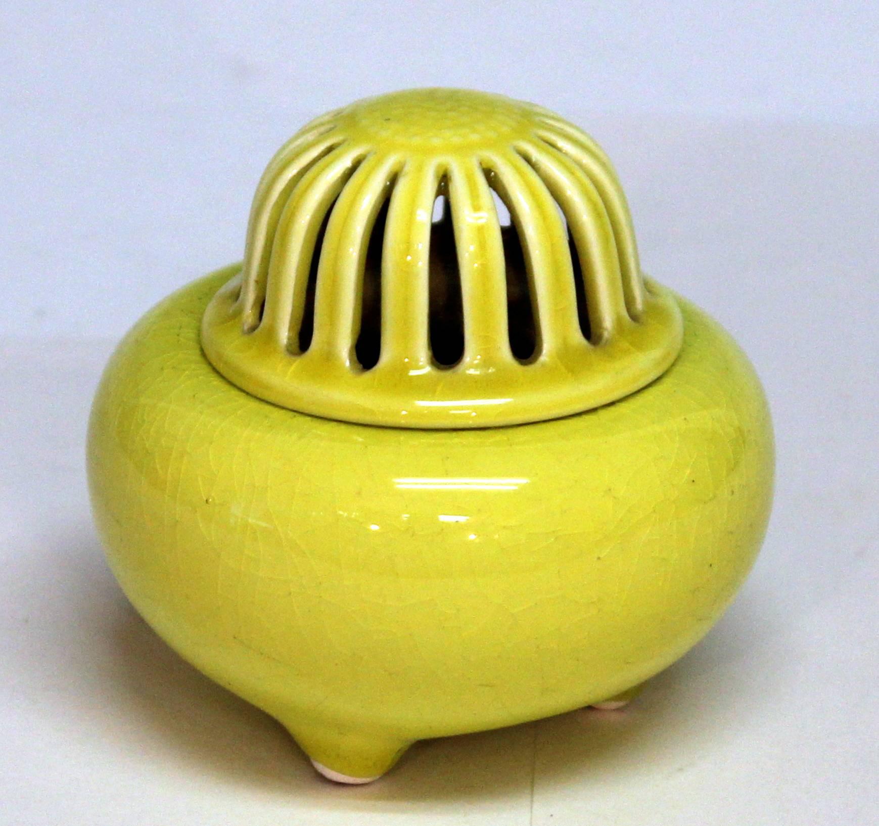 Art Nouveau Japanese Kyoto Pottery Censor Incense Burner Atomic Yellow Crackle Glaze