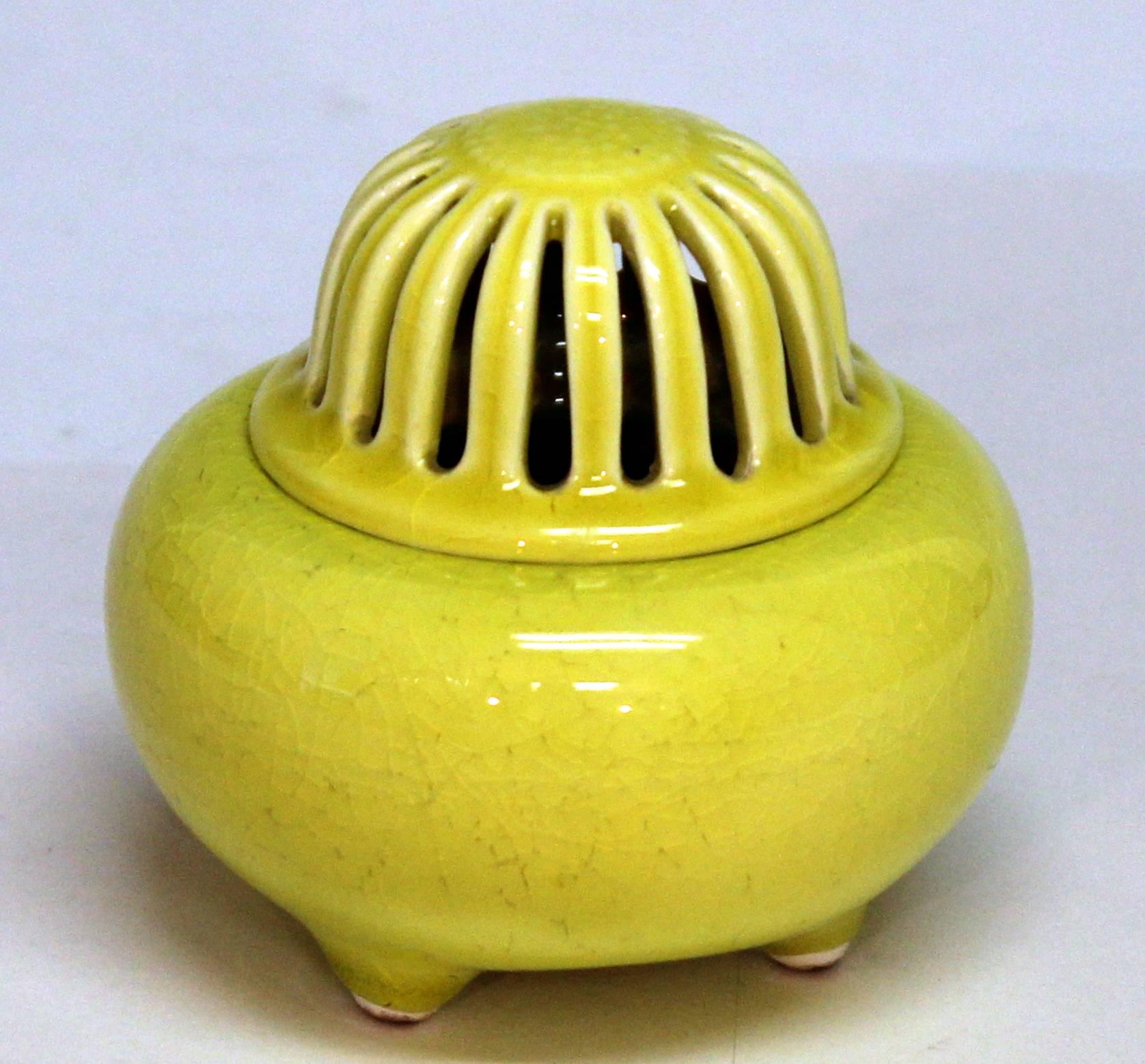 Japanese Kyoto Pottery Censor Incense Burner Atomic Yellow Crackle Glaze 4