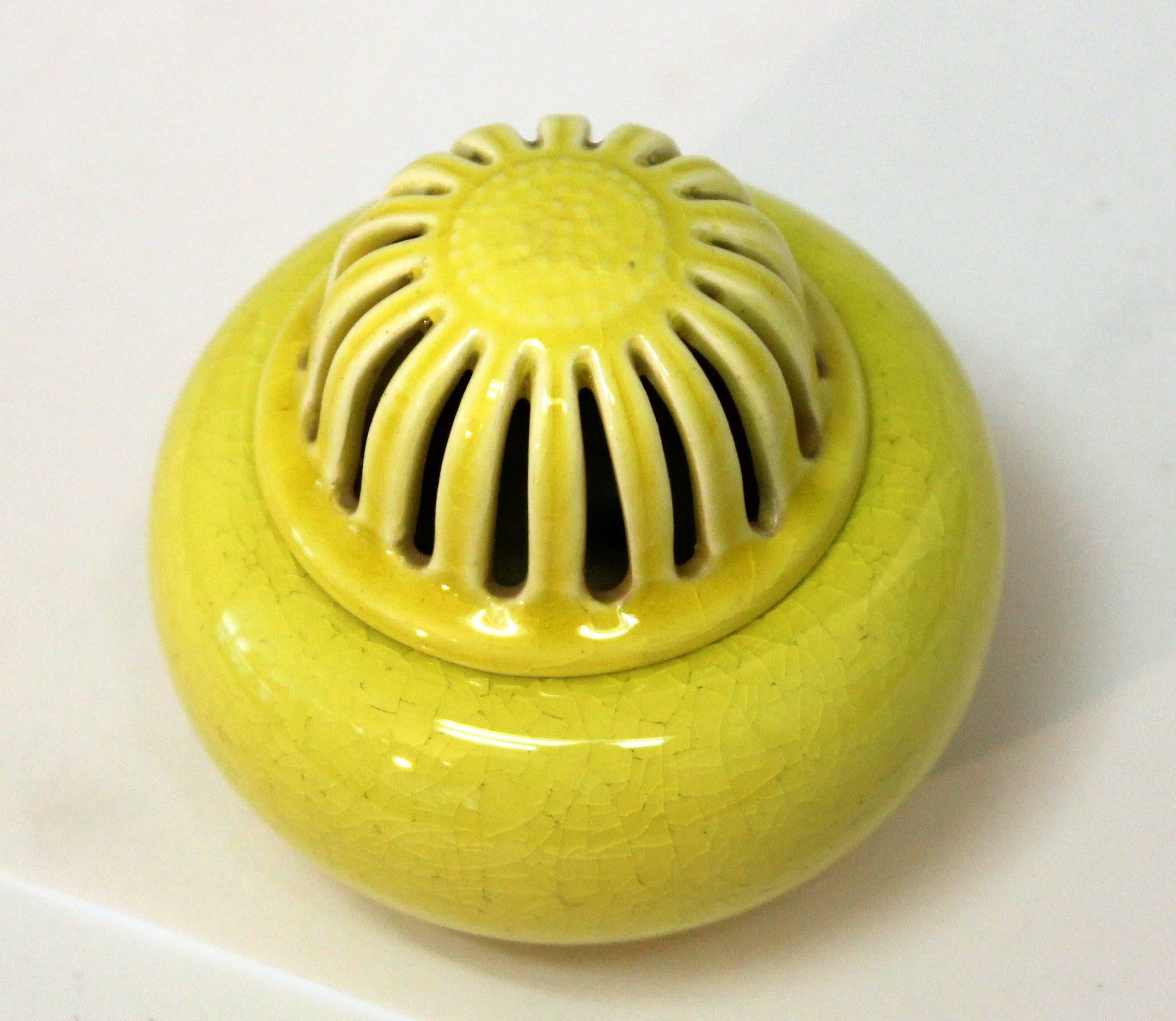 Molded Japanese Kyoto Pottery Censor Incense Burner Atomic Yellow Crackle Glaze