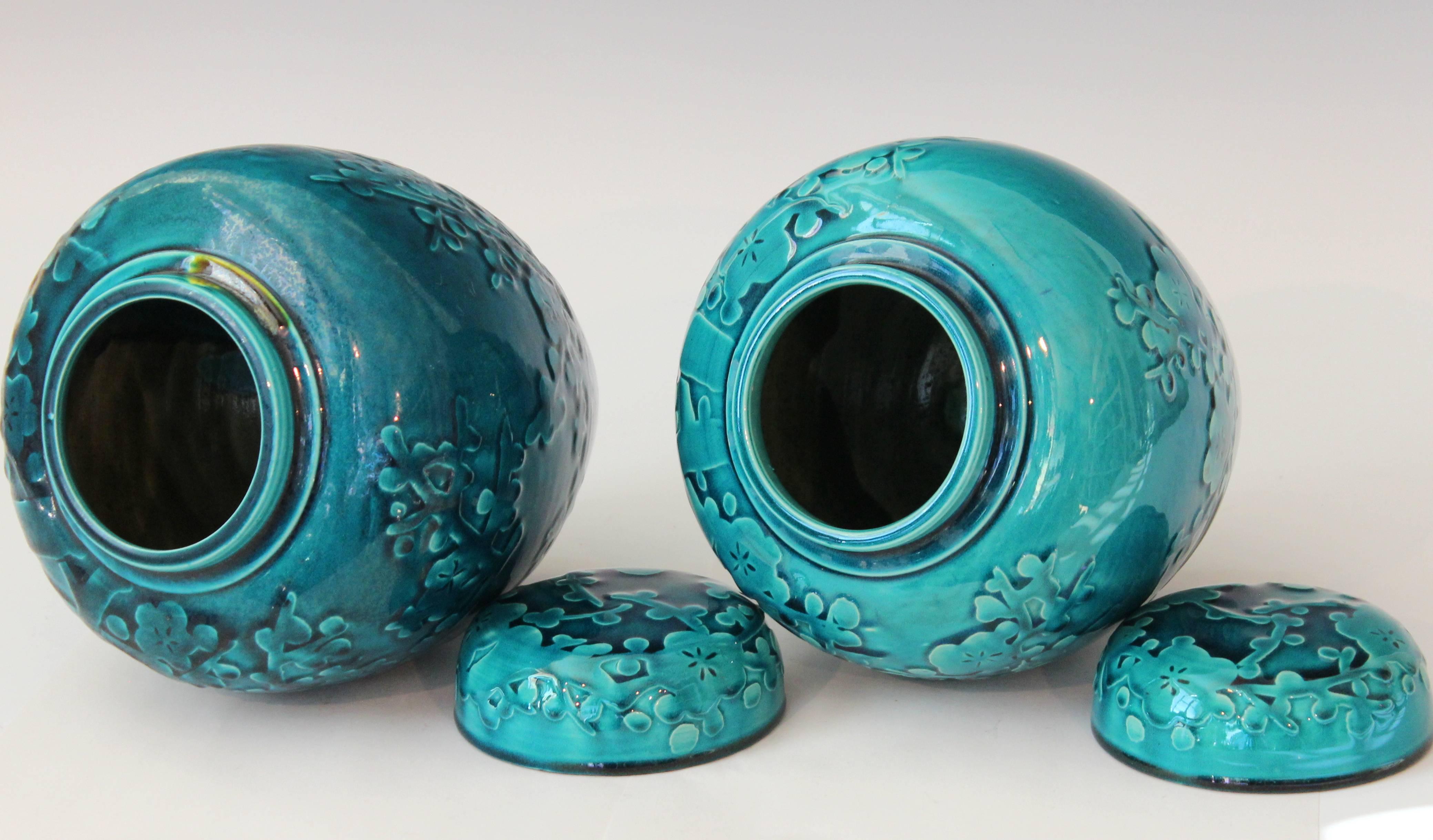 Art Deco Pair of Turquoise Awaji Pottery Ginger Jars, Covers Applied and Incised Prunus For Sale