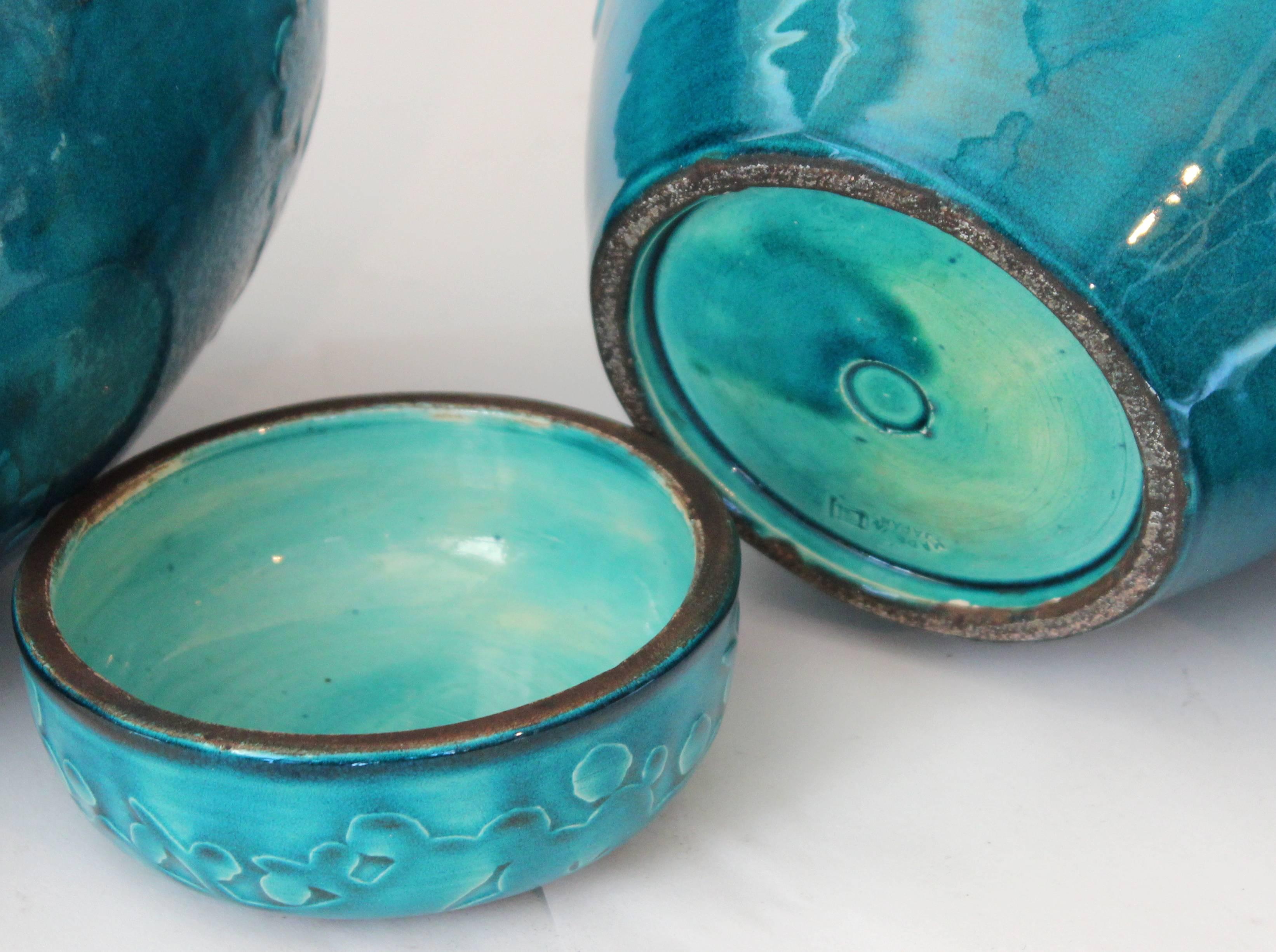 Turned Pair of Turquoise Awaji Pottery Ginger Jars, Covers Applied and Incised Prunus For Sale