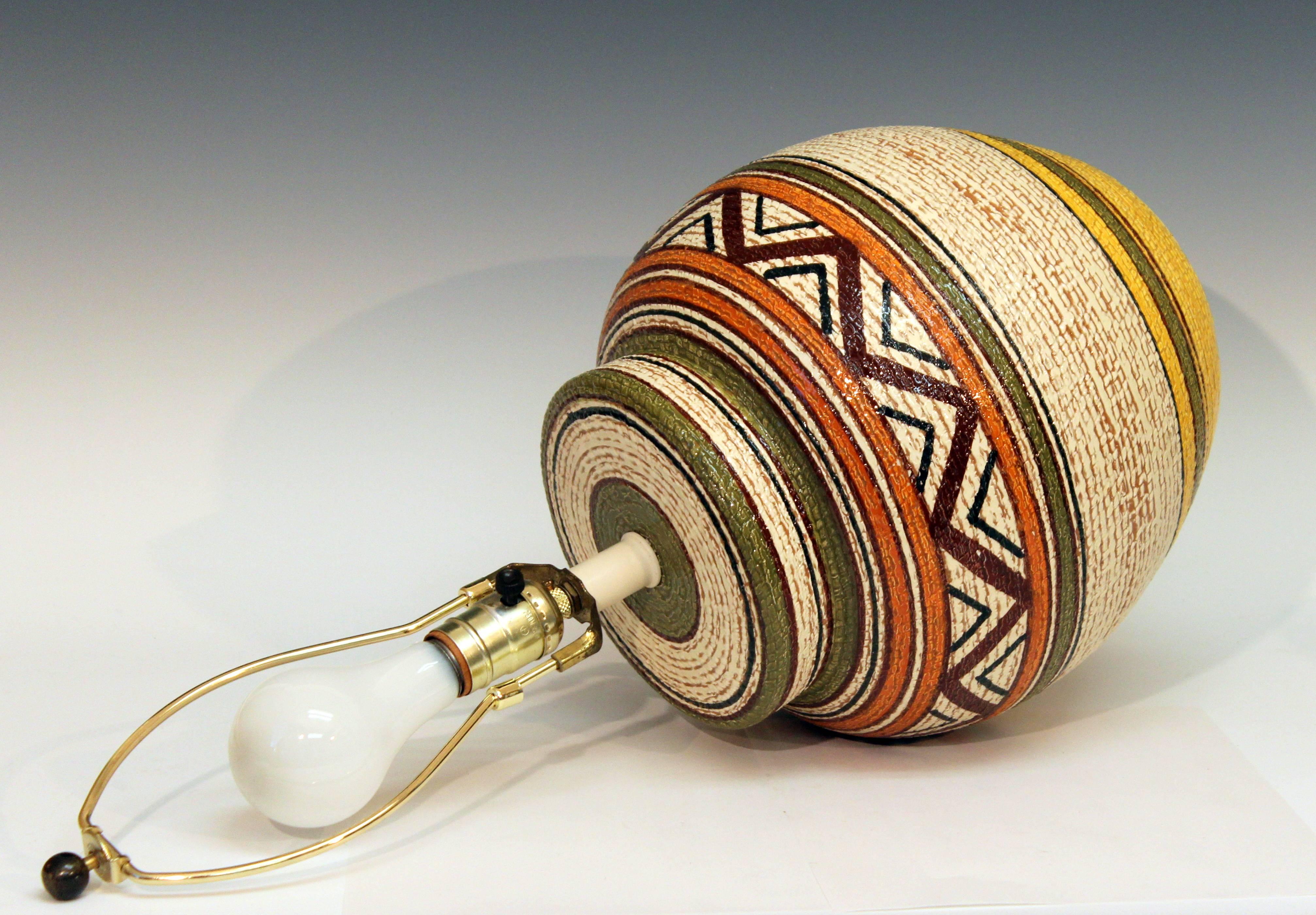 Turned Vintage Bitossi Italian Art Pottery Geometric Woven Indian Tribal Lamp Raymor