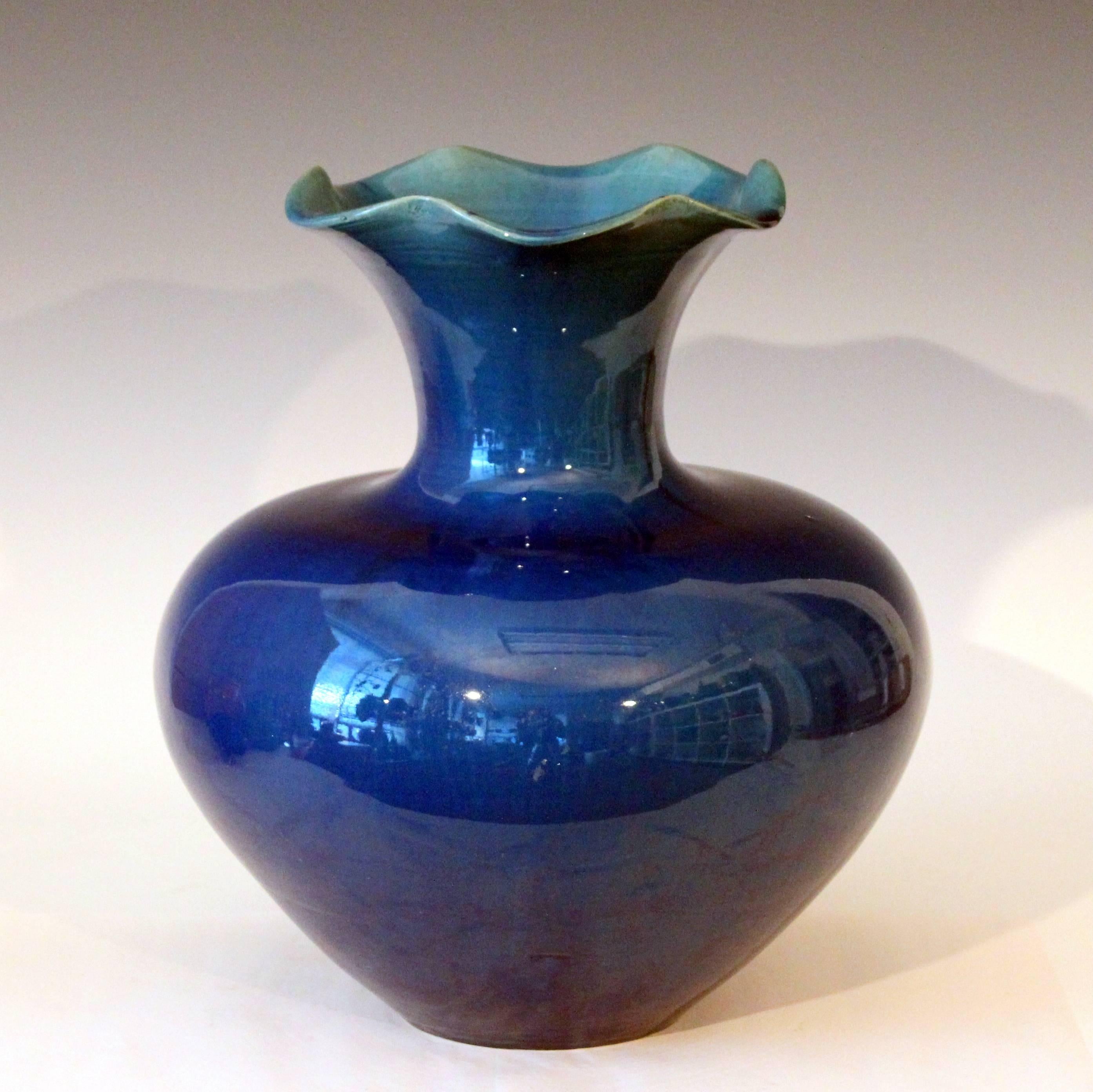 Japanese Large Antique Art Nouveau Awaji Pottery Vase with Blue Monochrome Glaze For Sale