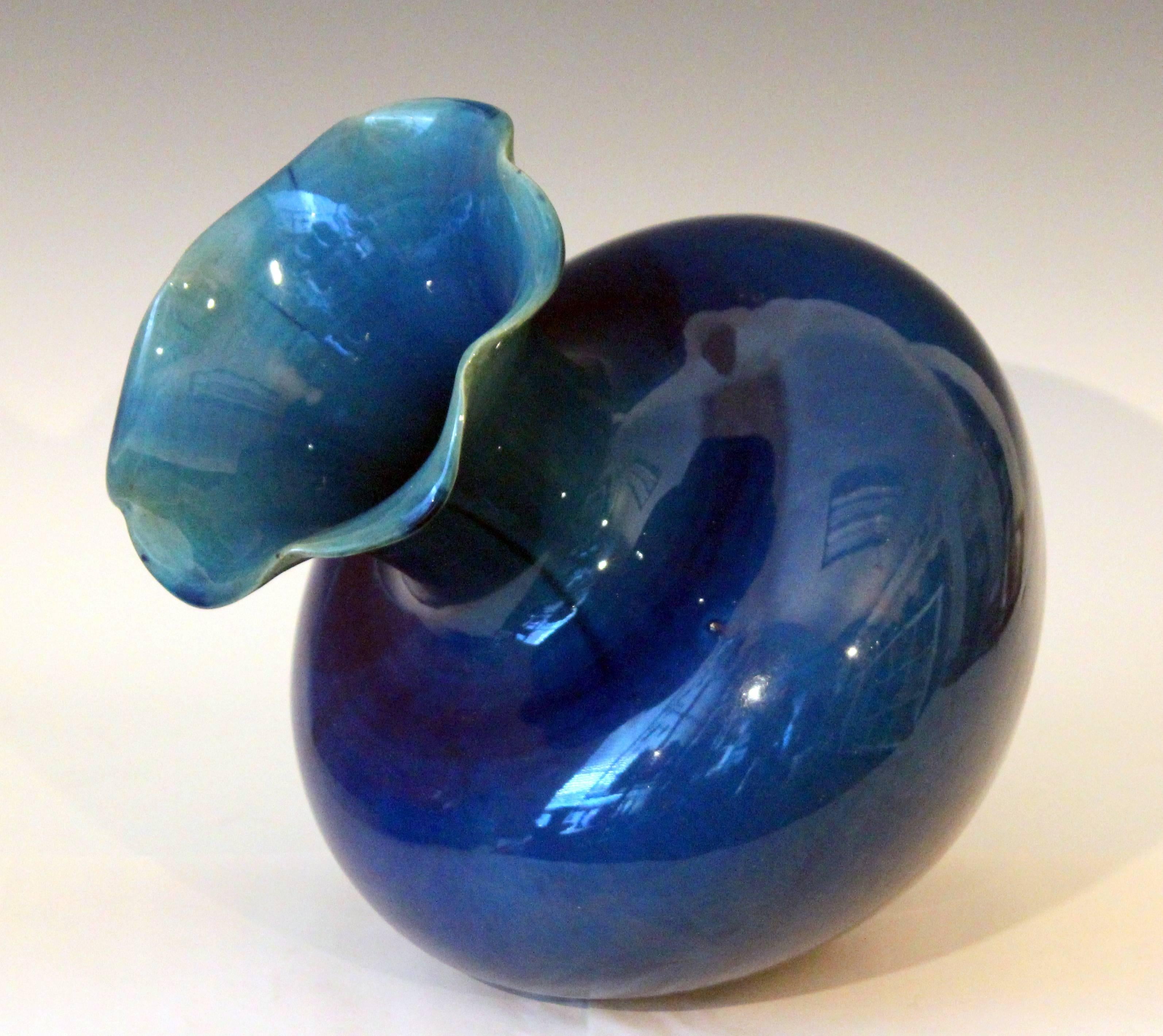 Turned Large Antique Art Nouveau Awaji Pottery Vase with Blue Monochrome Glaze For Sale