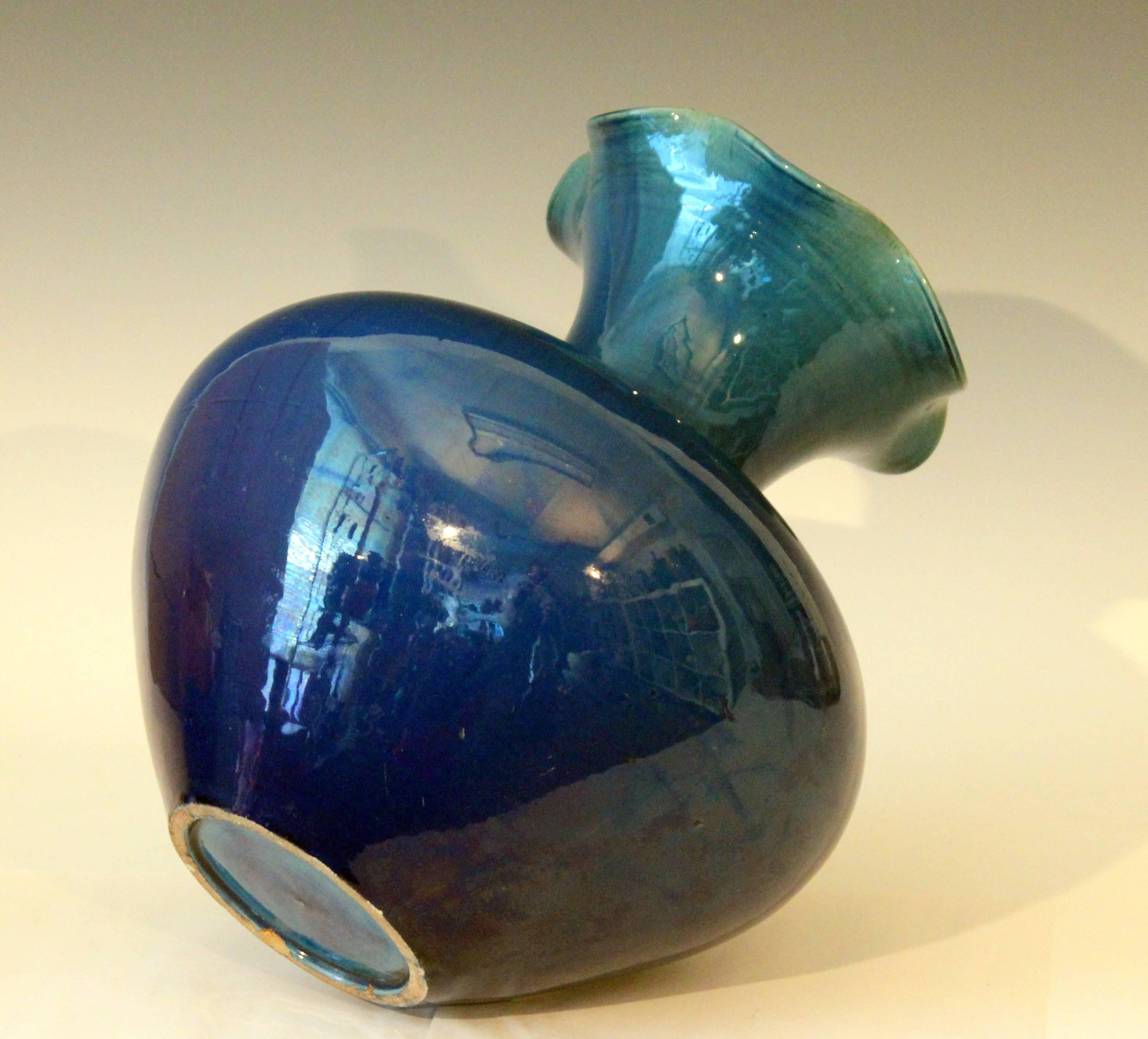 Large Antique Art Nouveau Awaji Pottery Vase with Blue Monochrome Glaze In Excellent Condition For Sale In Wilton, CT