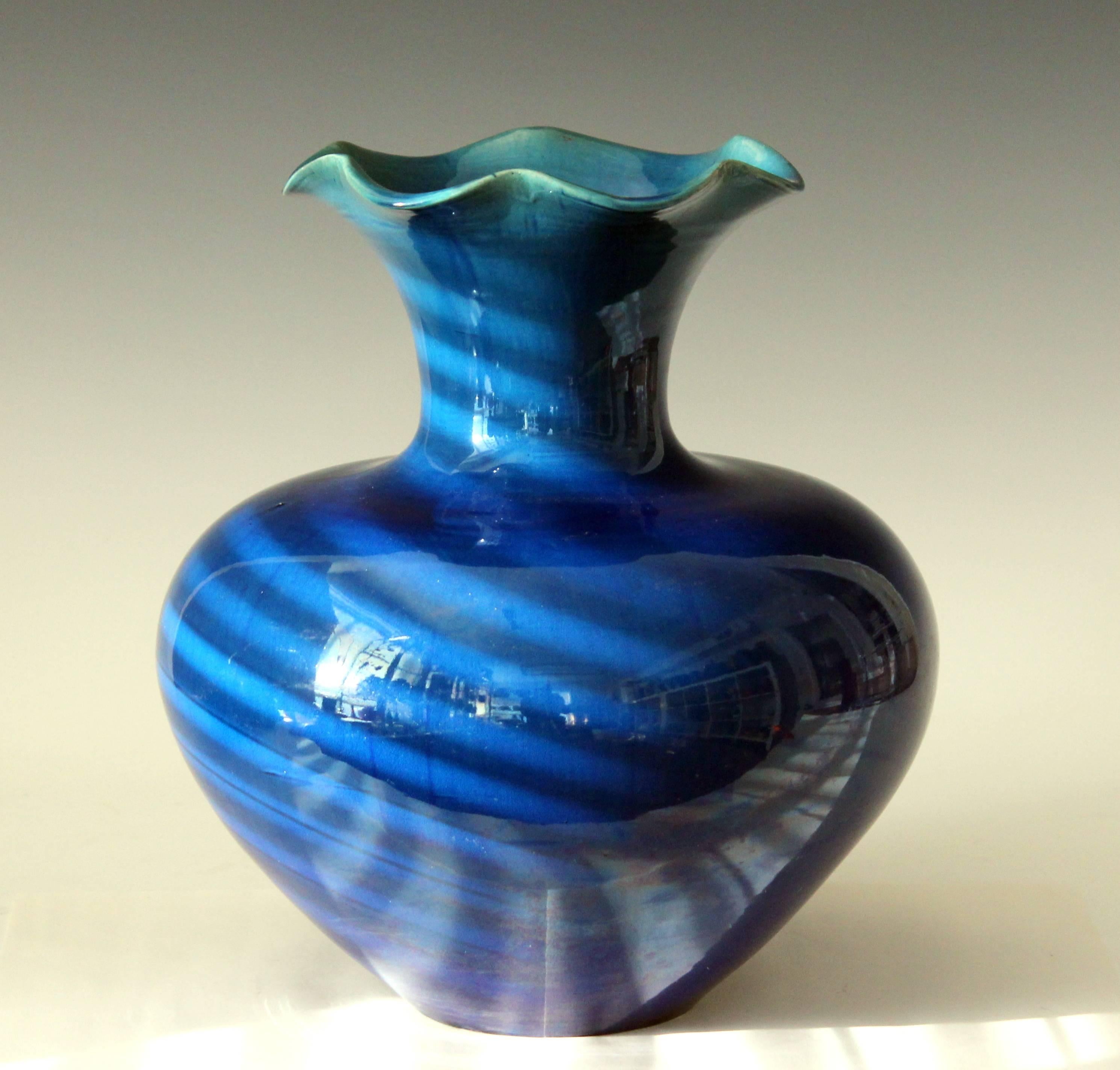 Large Antique Art Nouveau Awaji Pottery Vase with Blue Monochrome Glaze For Sale 1