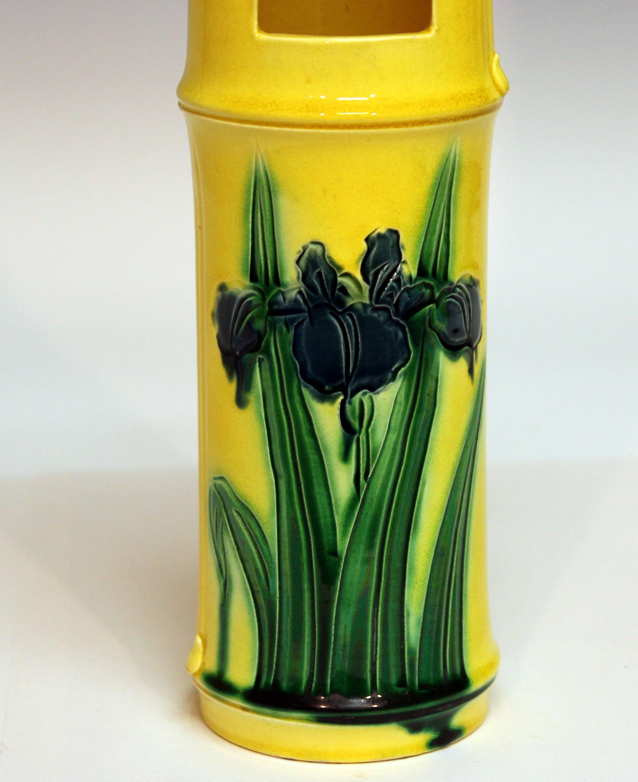 Antique Awaji Pottery Incised Iris Bamboo Form Wall Pocket Ikebana Vase For Sale 1