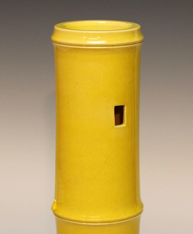 Antique Awaji Pottery Incised Iris Bamboo Form Wall Pocket Ikebana Vase