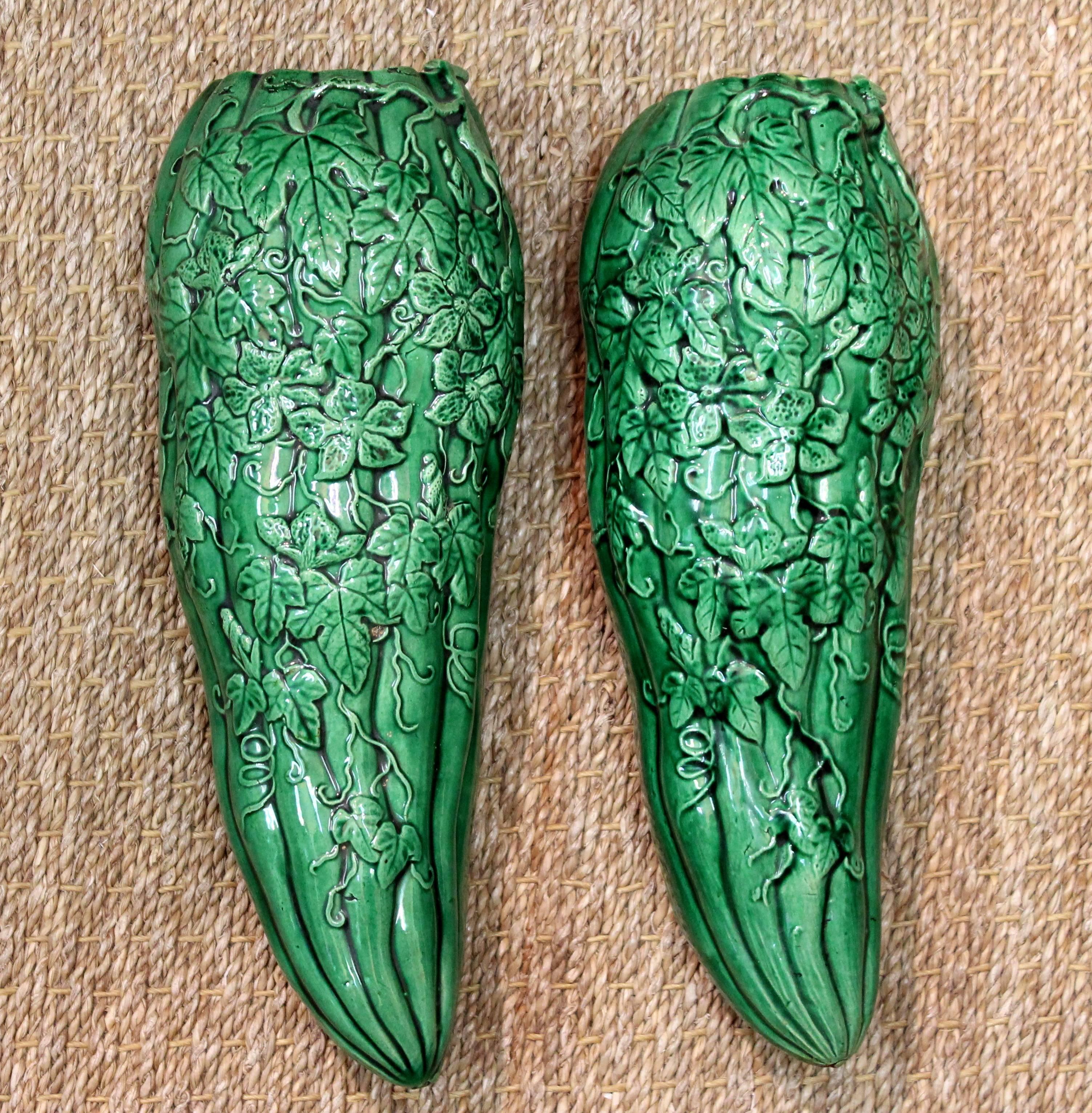 Pair of Antique Awaji Pottery Gourd Squash Form Wall Pocket Planter Vases 2