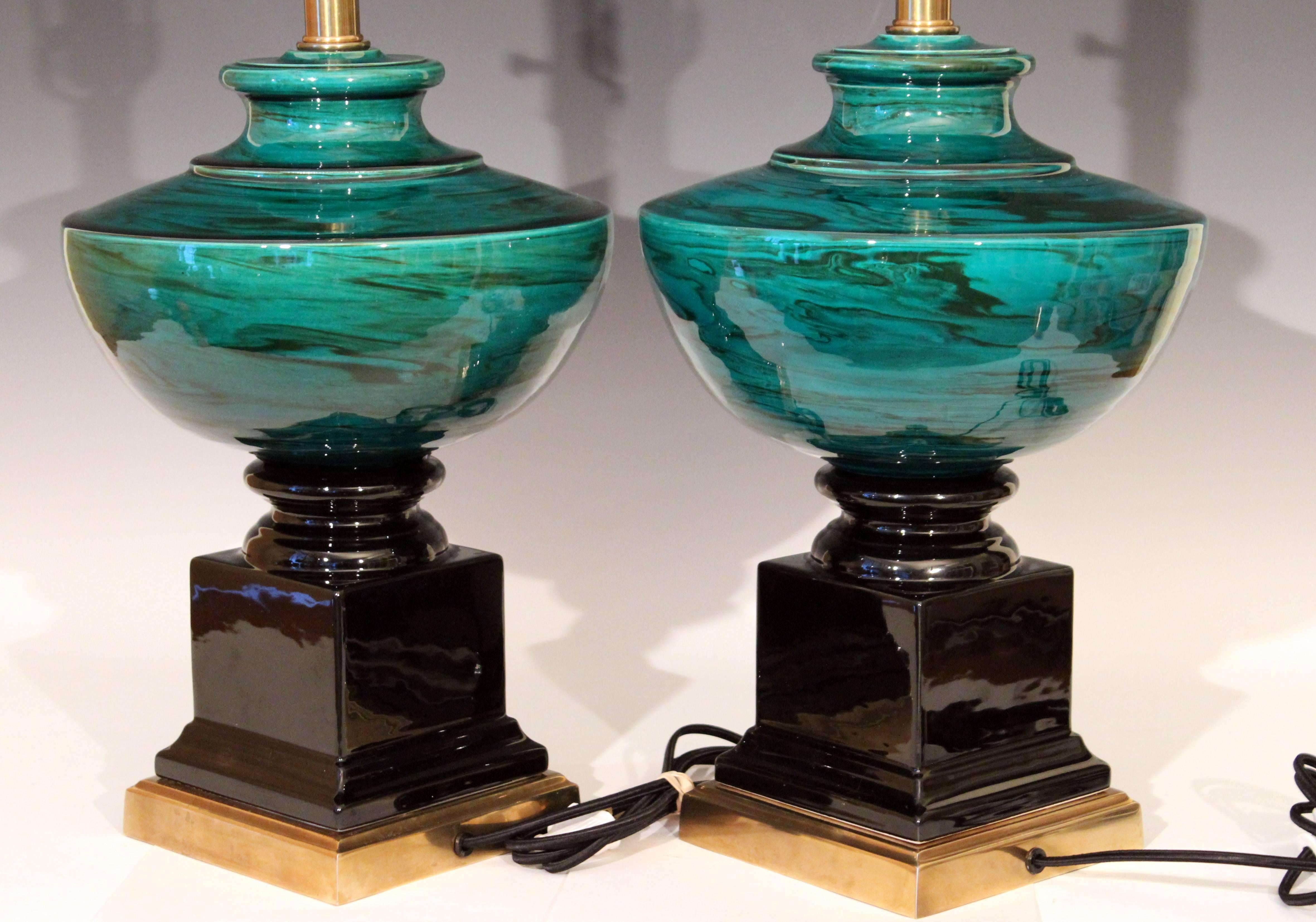 Modern Pair of Vintage Bitossi Ceramic Italian Green Marbleized Malachite Pottery Lamps For Sale
