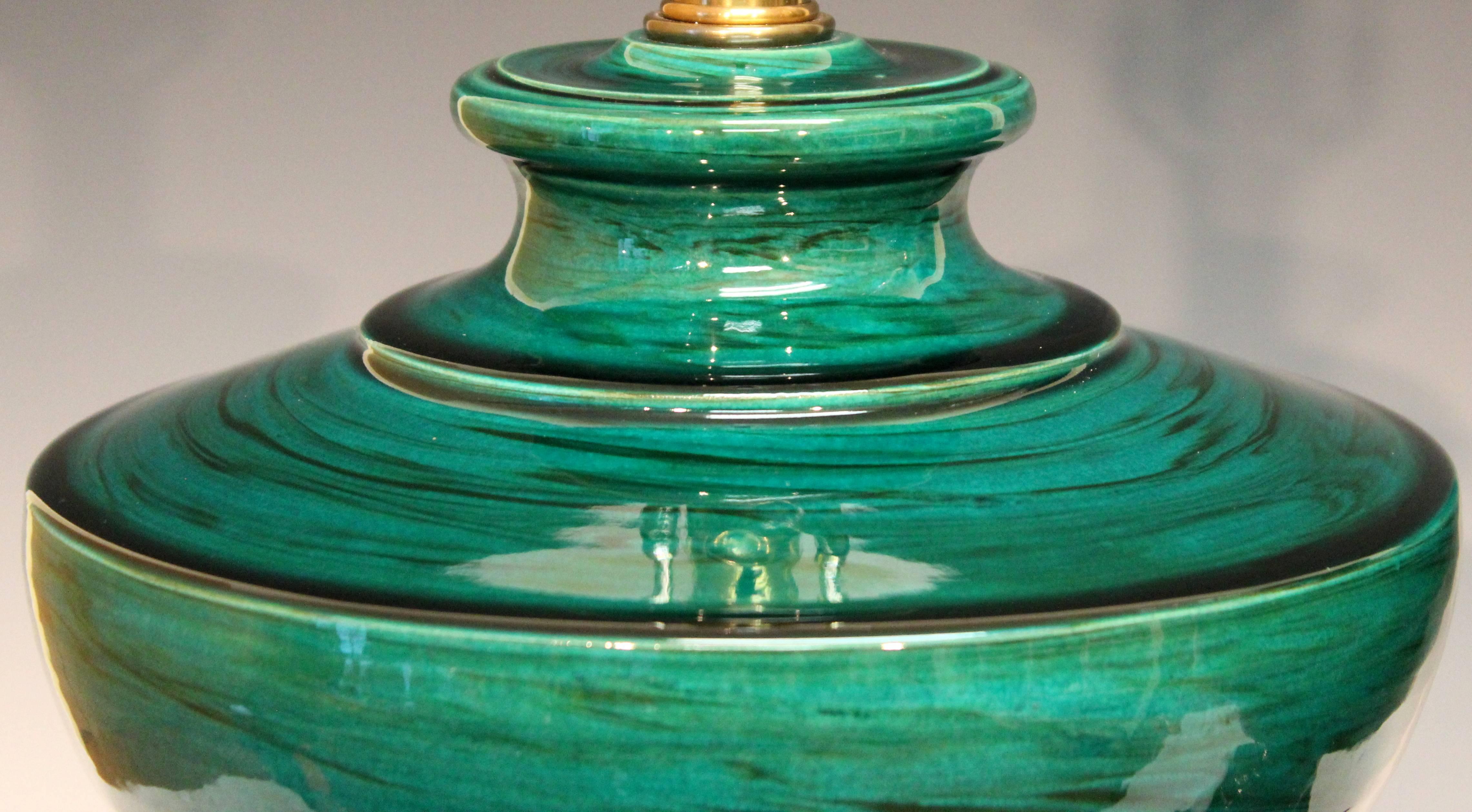 Pair of Vintage Bitossi Ceramic Italian Green Marbleized Malachite Pottery Lamps In Excellent Condition For Sale In Wilton, CT
