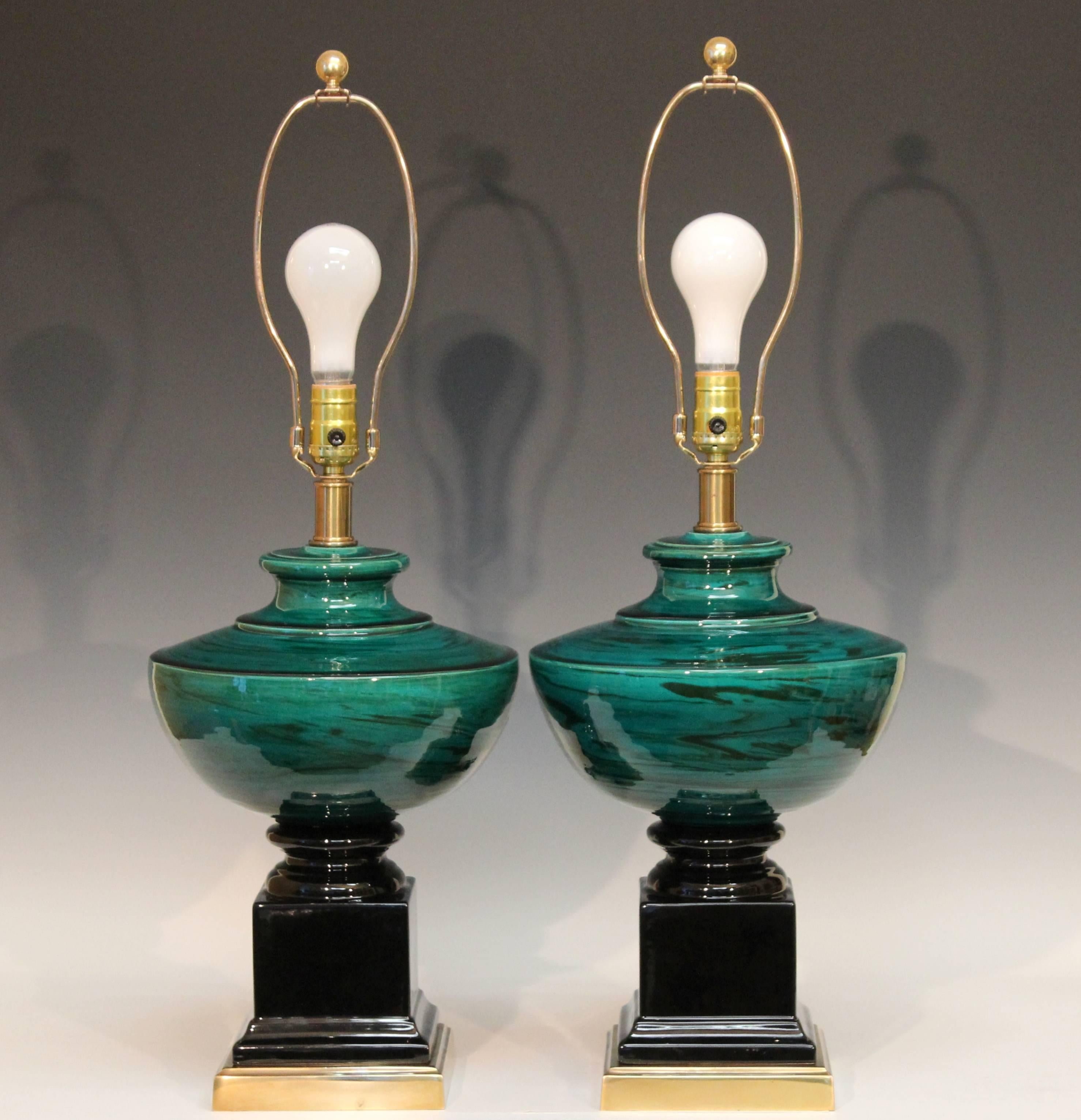 Pair of Vintage Bitossi Ceramic Italian Green Marbleized Malachite Pottery Lamps For Sale 3